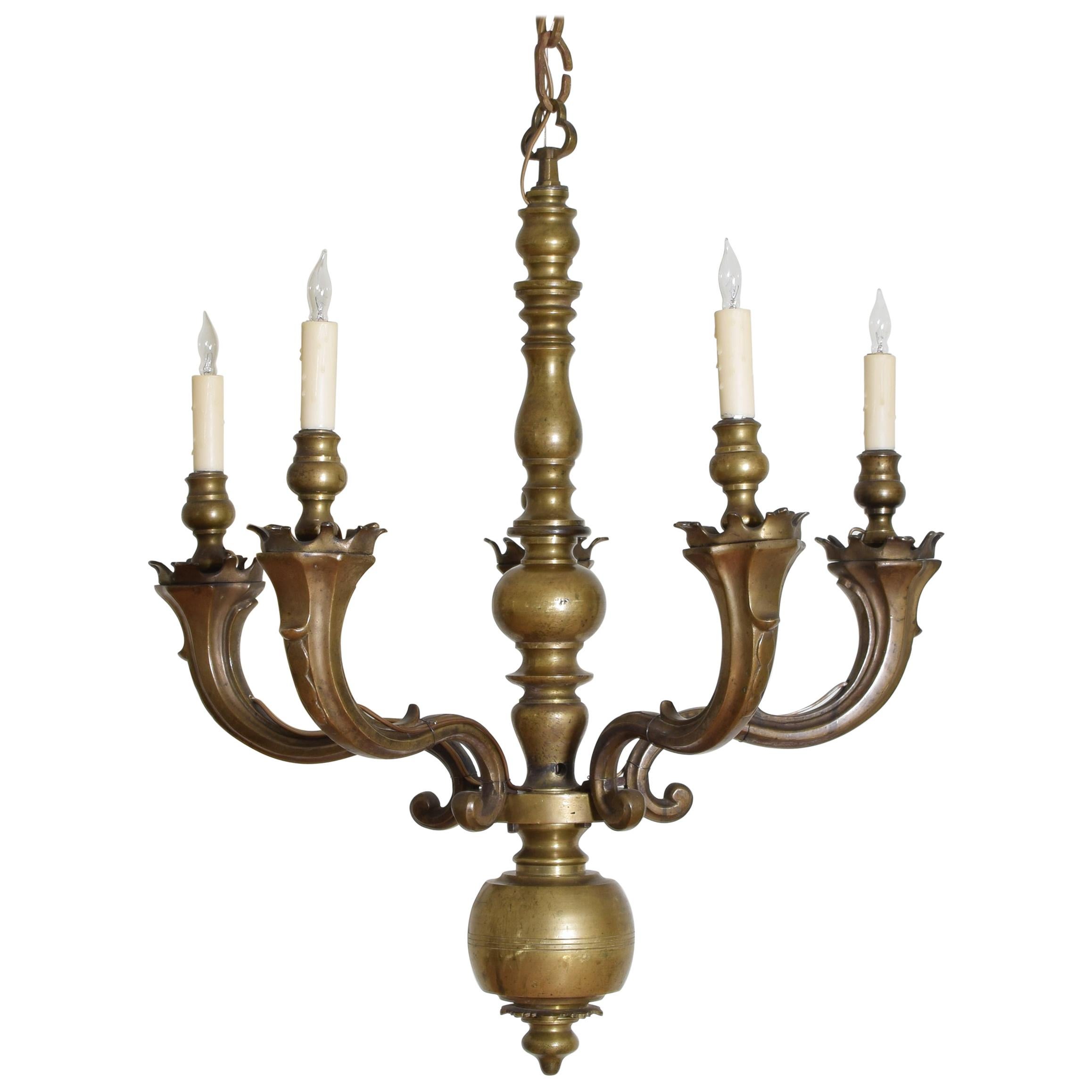 Continental Bronze 5-Light Chandelier, 17th Century or Earlier, Now UL Wired