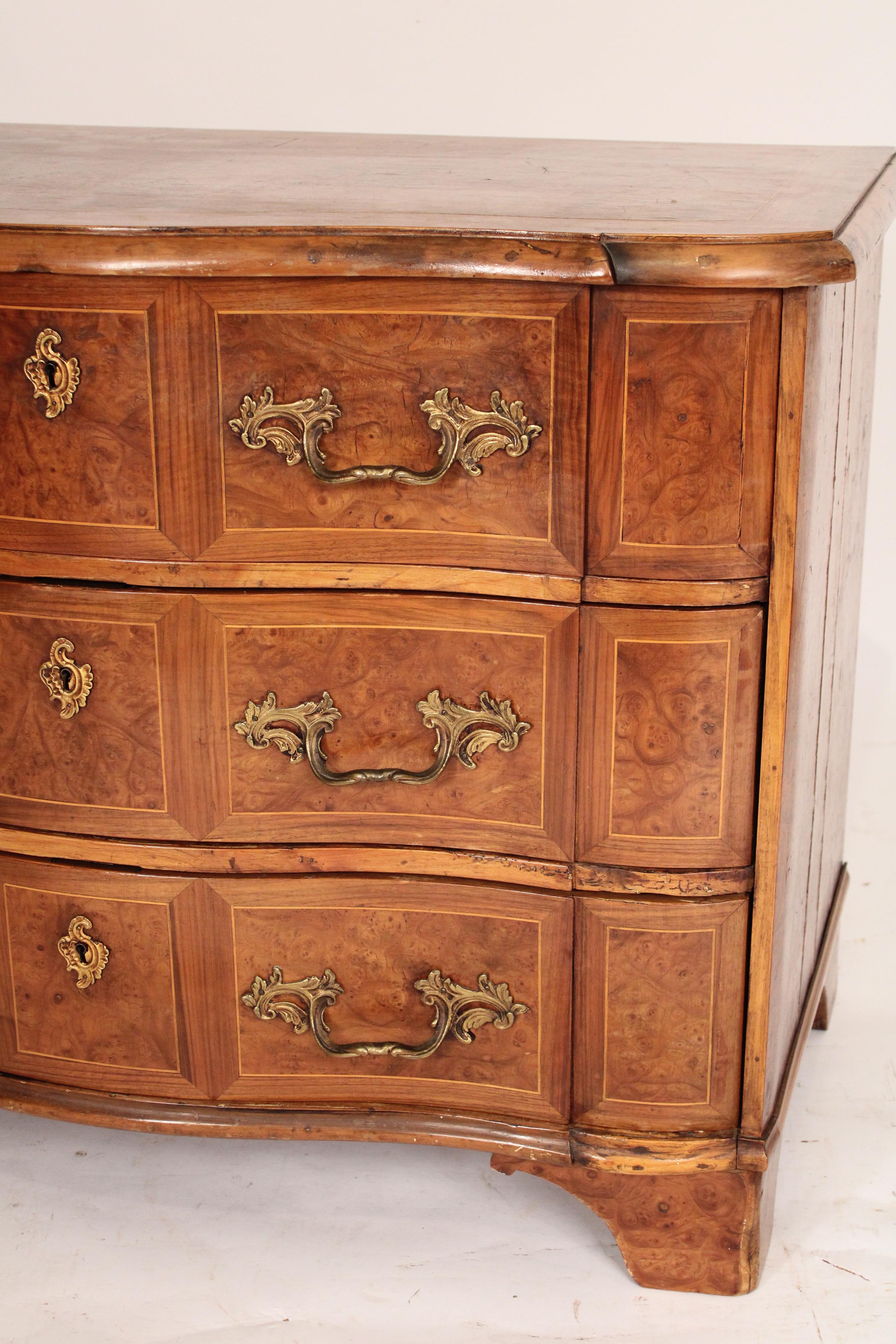 Brass Continental Burl Elm Chest of Drawers For Sale