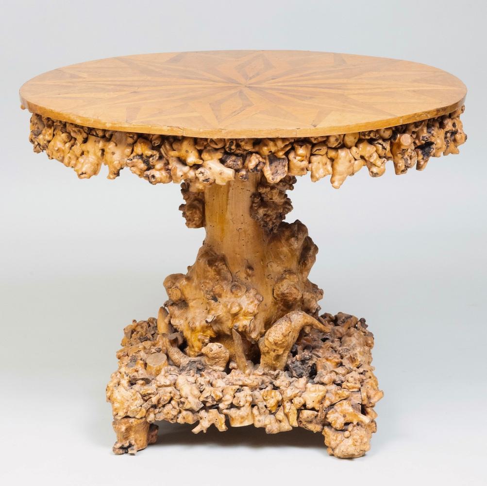 European Continental Burl Rootwood Parquetry Center Table For Sale