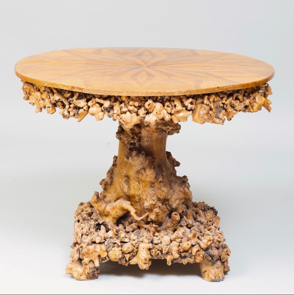 Continental Burl Rootwood Parquetry Center Table In Good Condition For Sale In Hudson, NY