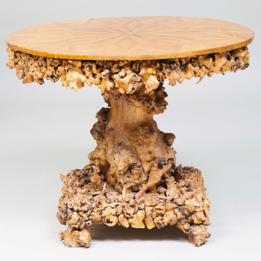 20th Century Continental Burl Rootwood Parquetry Center Table For Sale