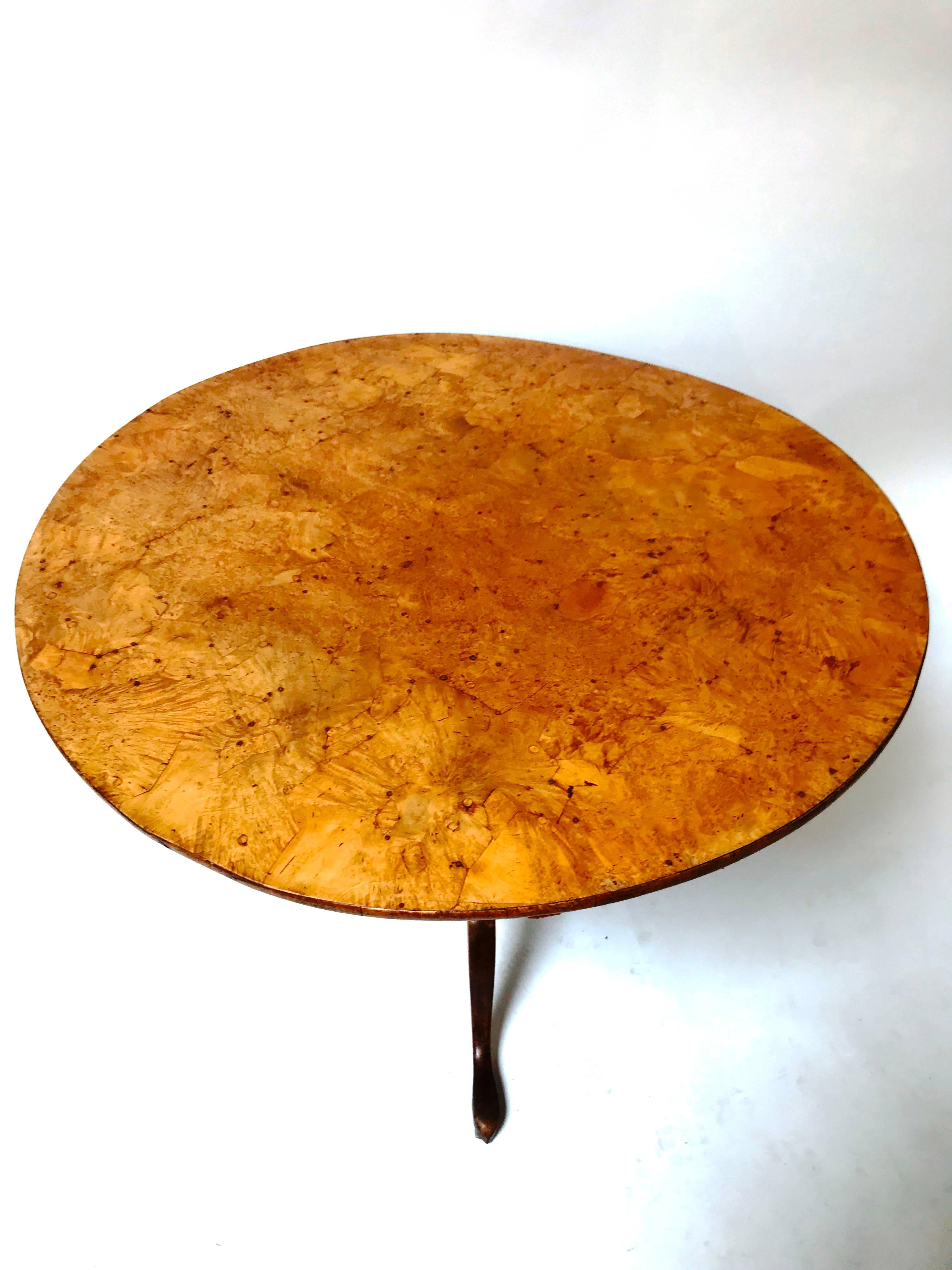 Very fine colored and figured antique European burl alder-root tilt top tea table, circa 1830-1840, possibly Swedish, in the 18th century Gustavian-style, the circular top hinged to a ring-turned baluster standard, raised on tripod arched legs