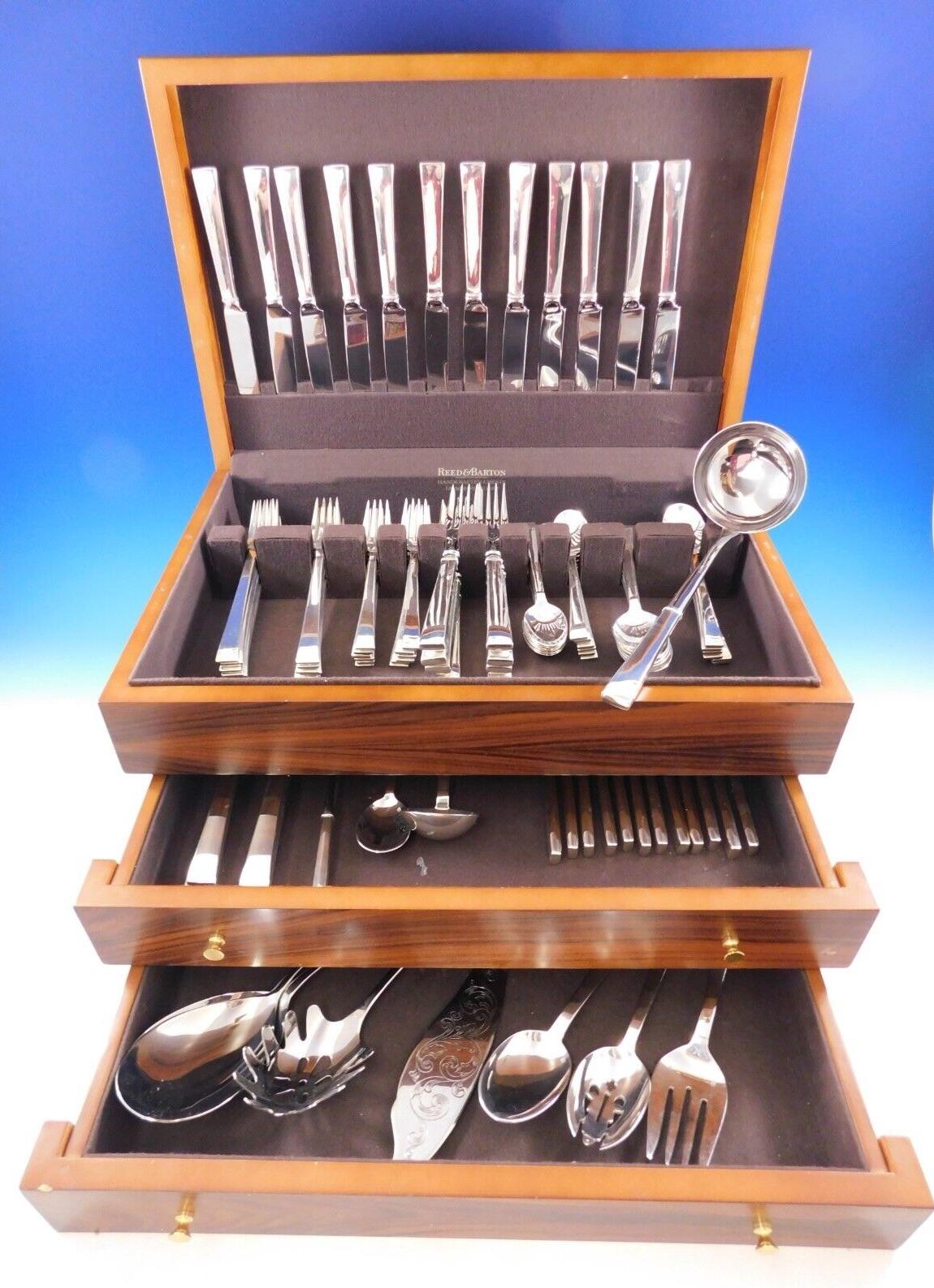 Gleaming in perfect proportion, this design is an elegant execution of form plus function. 
Superb Continental by by Tuttle sterling silver Flatware set, 95 pieces. This set includes:
12 Dinner Knives, 9 3/8
