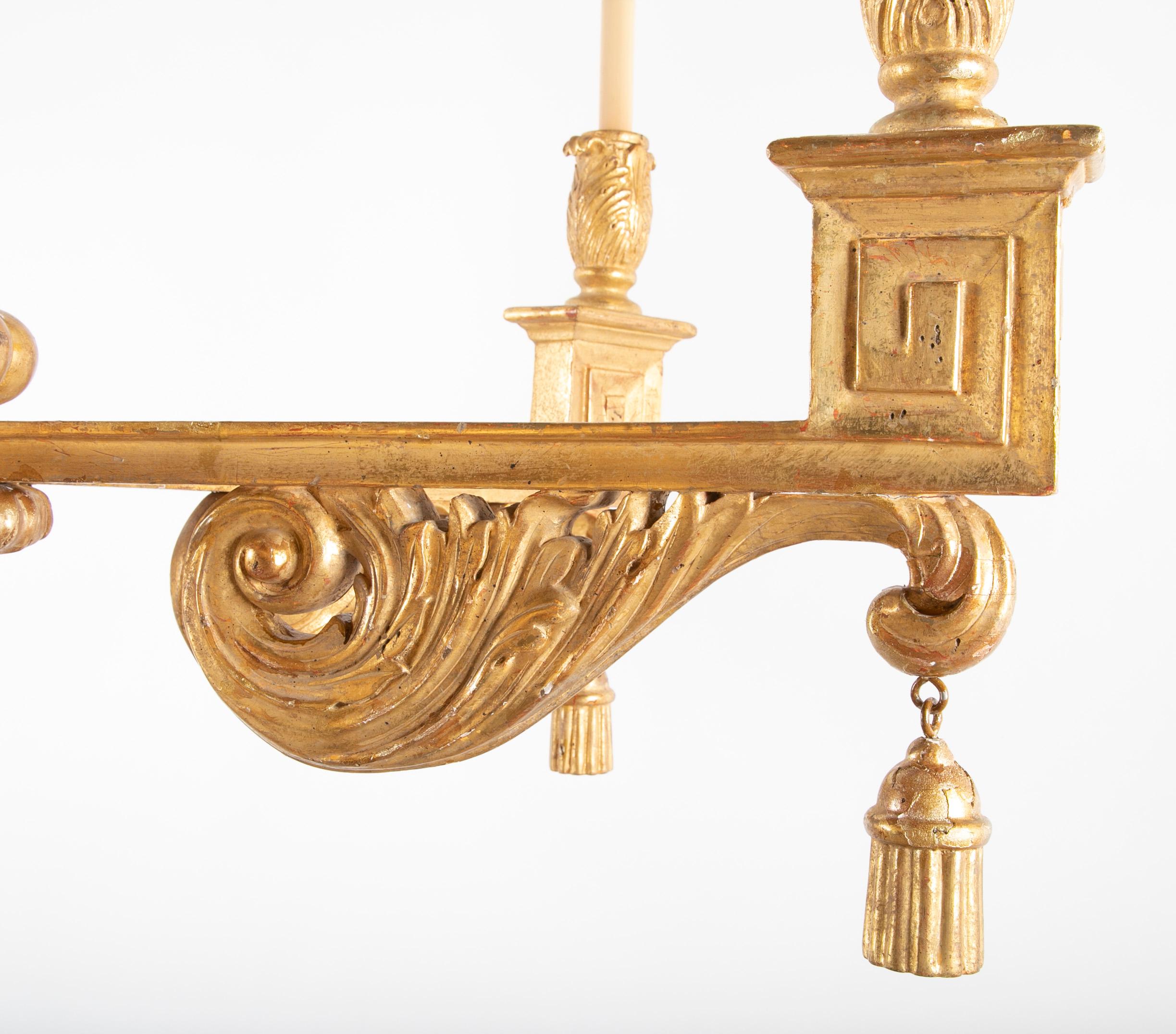 Wood Continental Carved and Gilded Classical Chandelier with Drop Finial