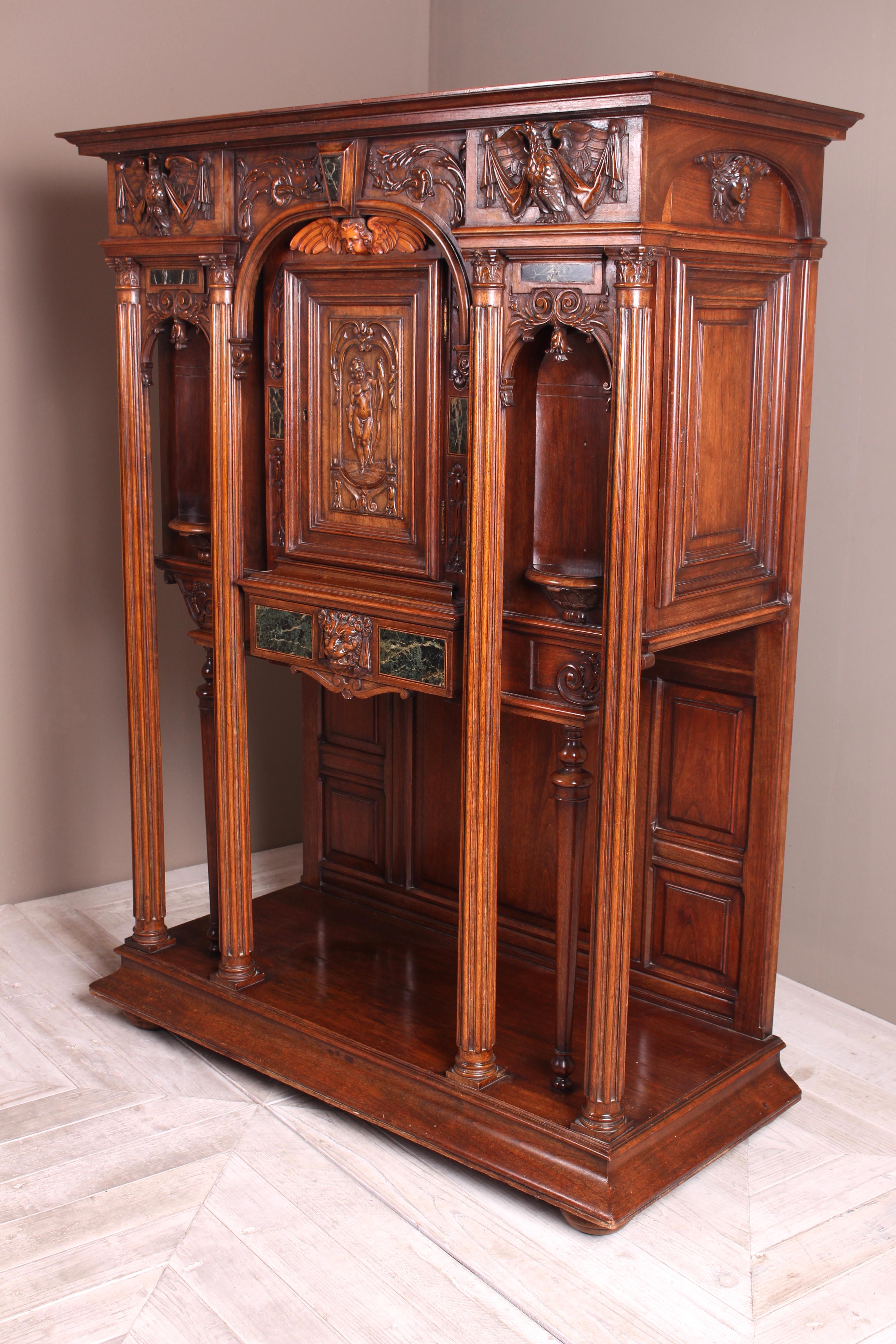 Baroque Revival Continental Carved Walnut and Marble Ecclesiastical Cabinet, circa 1890 For Sale