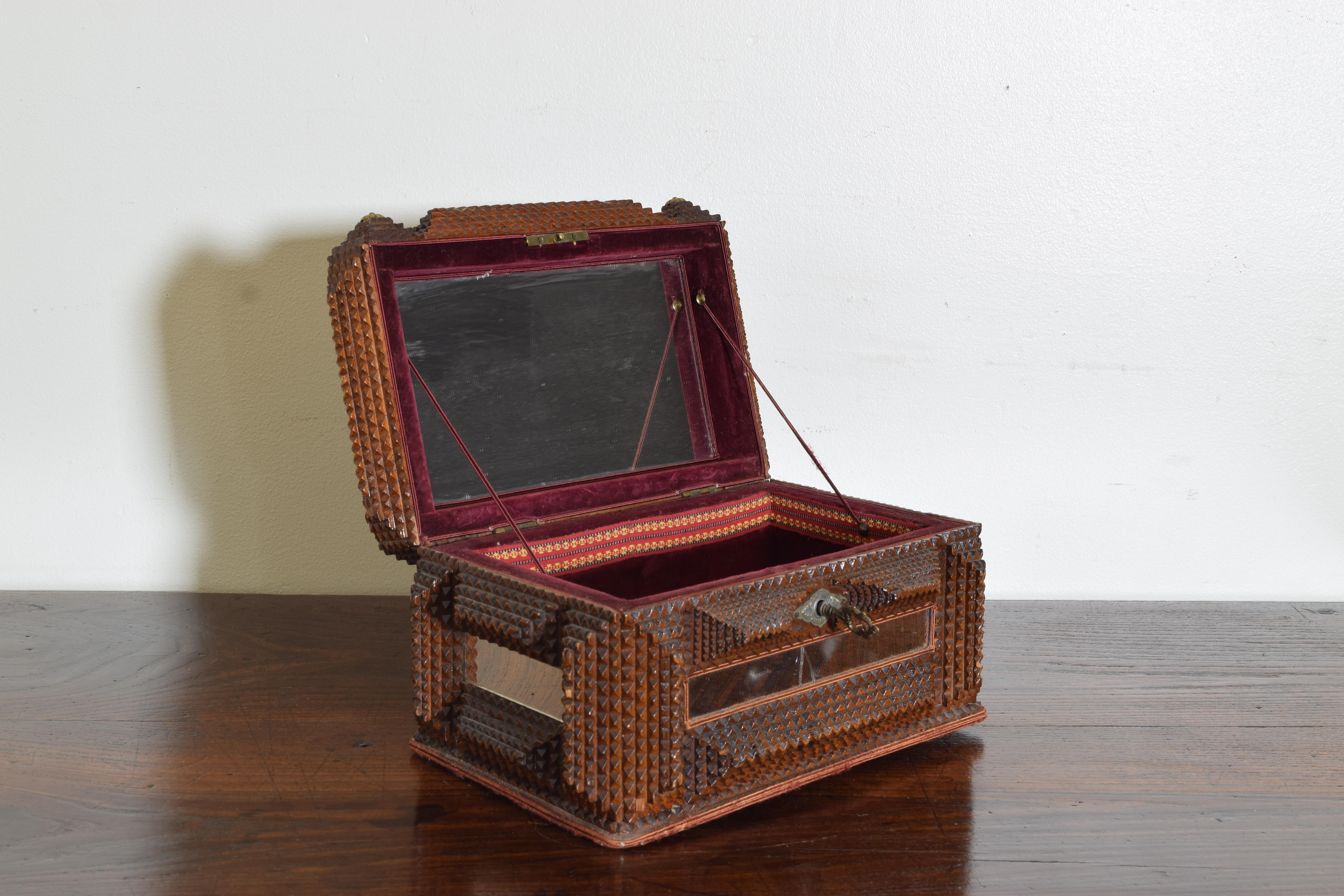 Continental Carved Wood Tramp Art Mirrored & Velvet Lined Box, 1stq 20th century In Good Condition In Atlanta, GA