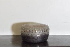 Continental Cast Silvered Brass Hinged & Handled Circular Box, 1st Half 19th Cen