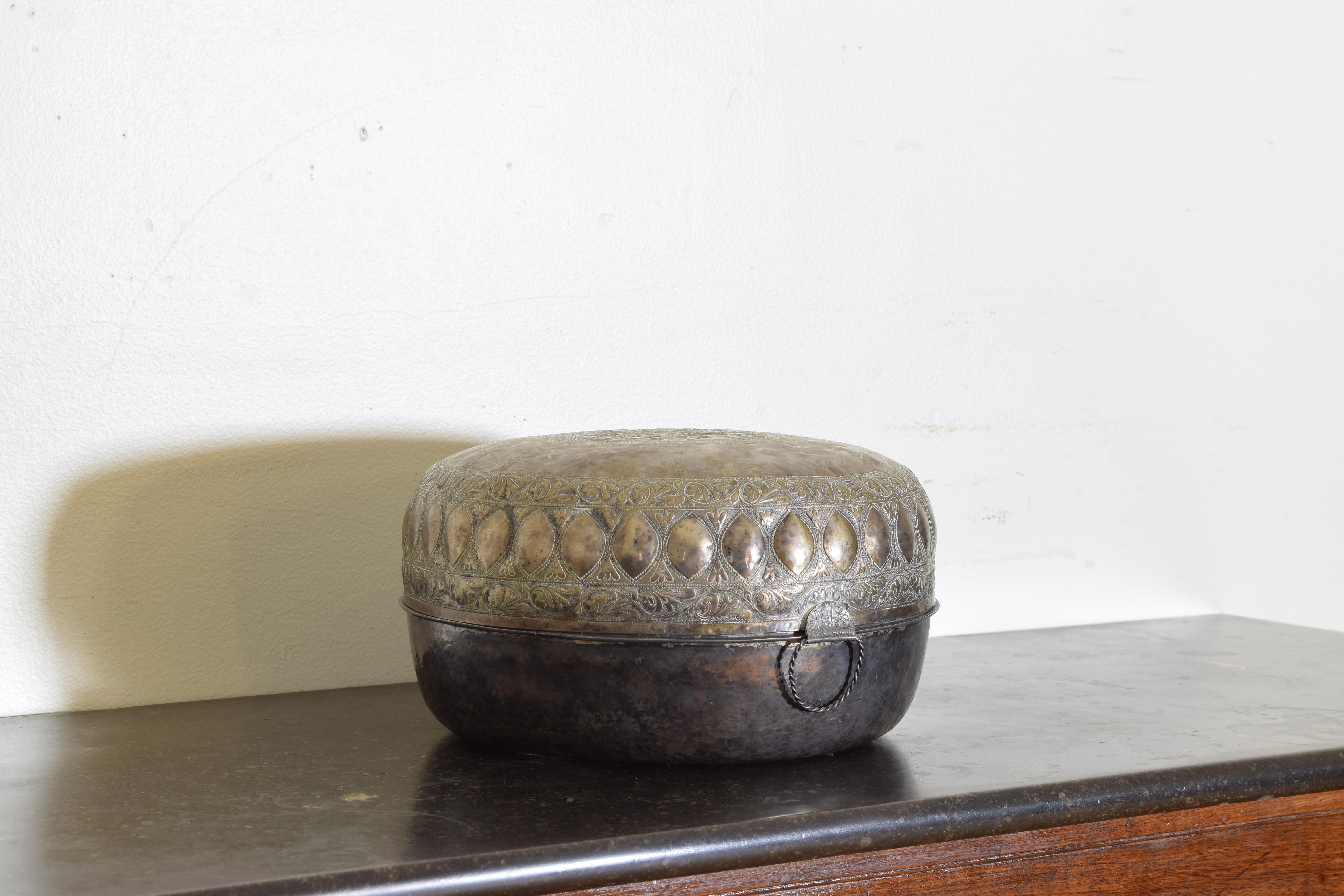 European Continental Cast Silvered Brass Hinged & Handled Circular Box, 1st Half 19th Cen For Sale