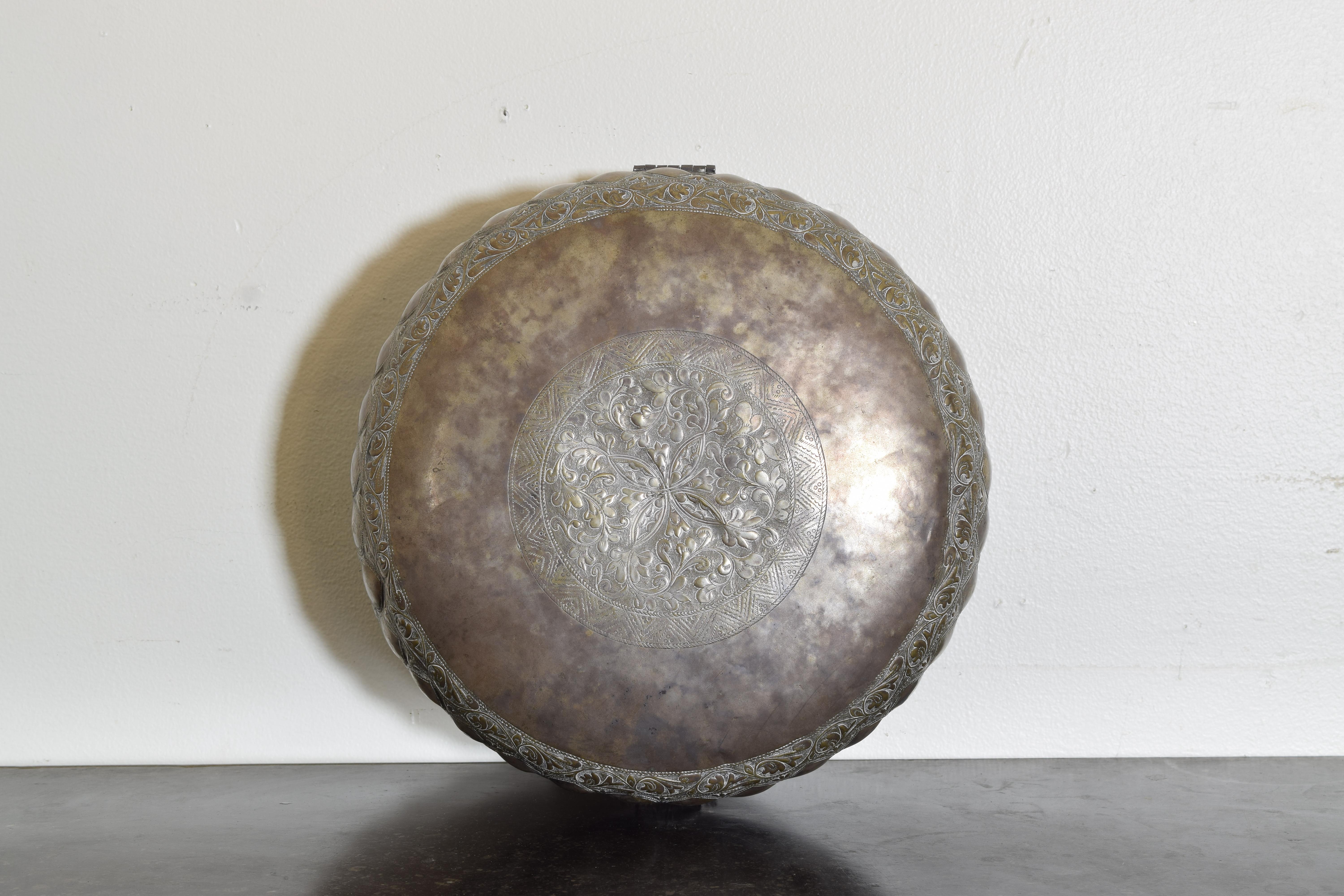 19th Century Continental Cast Silvered Brass Hinged & Handled Circular Box, 1st Half 19th Cen For Sale