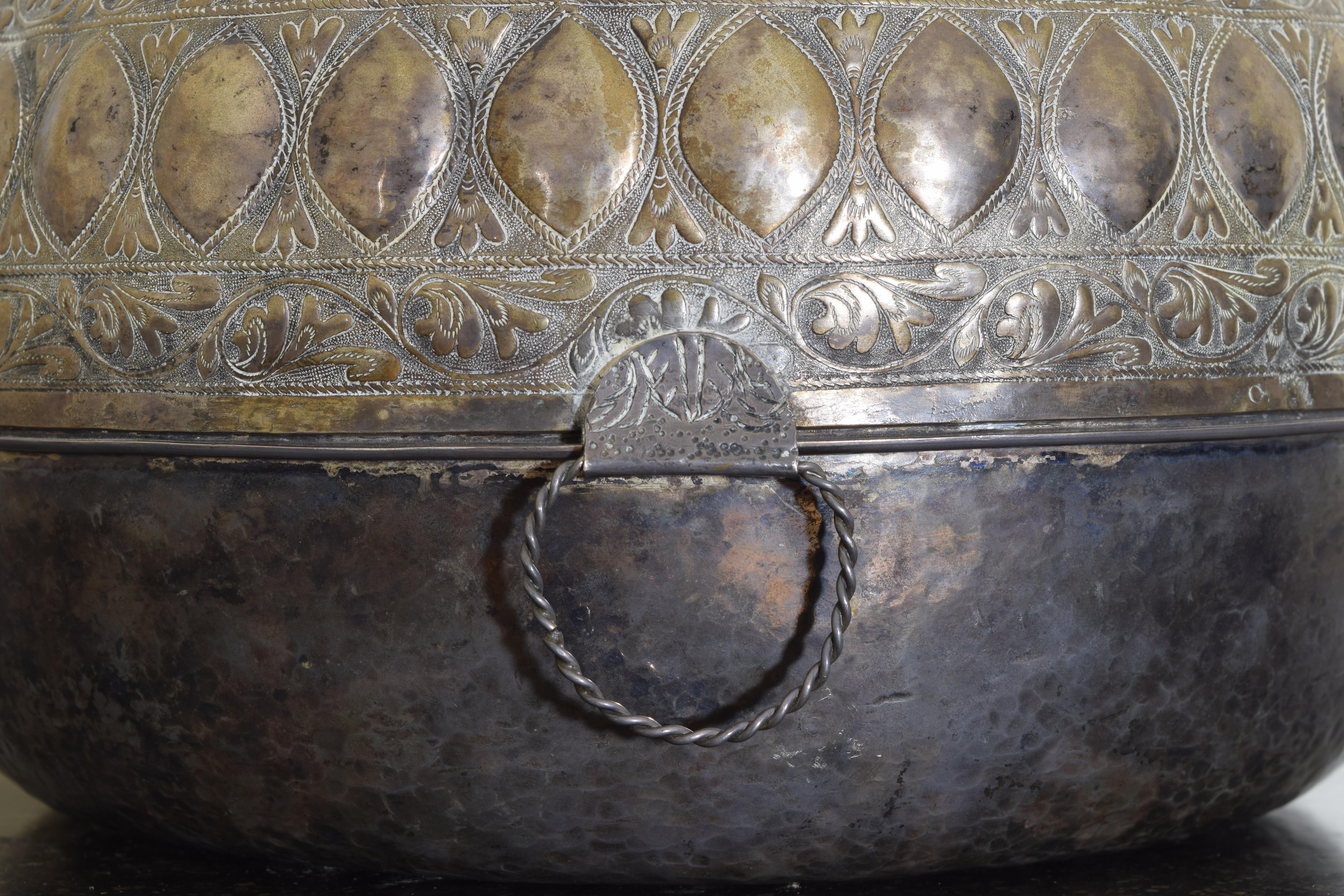 Continental Cast Silvered Brass Hinged & Handled Circular Box, 1st Half 19th Cen For Sale 2