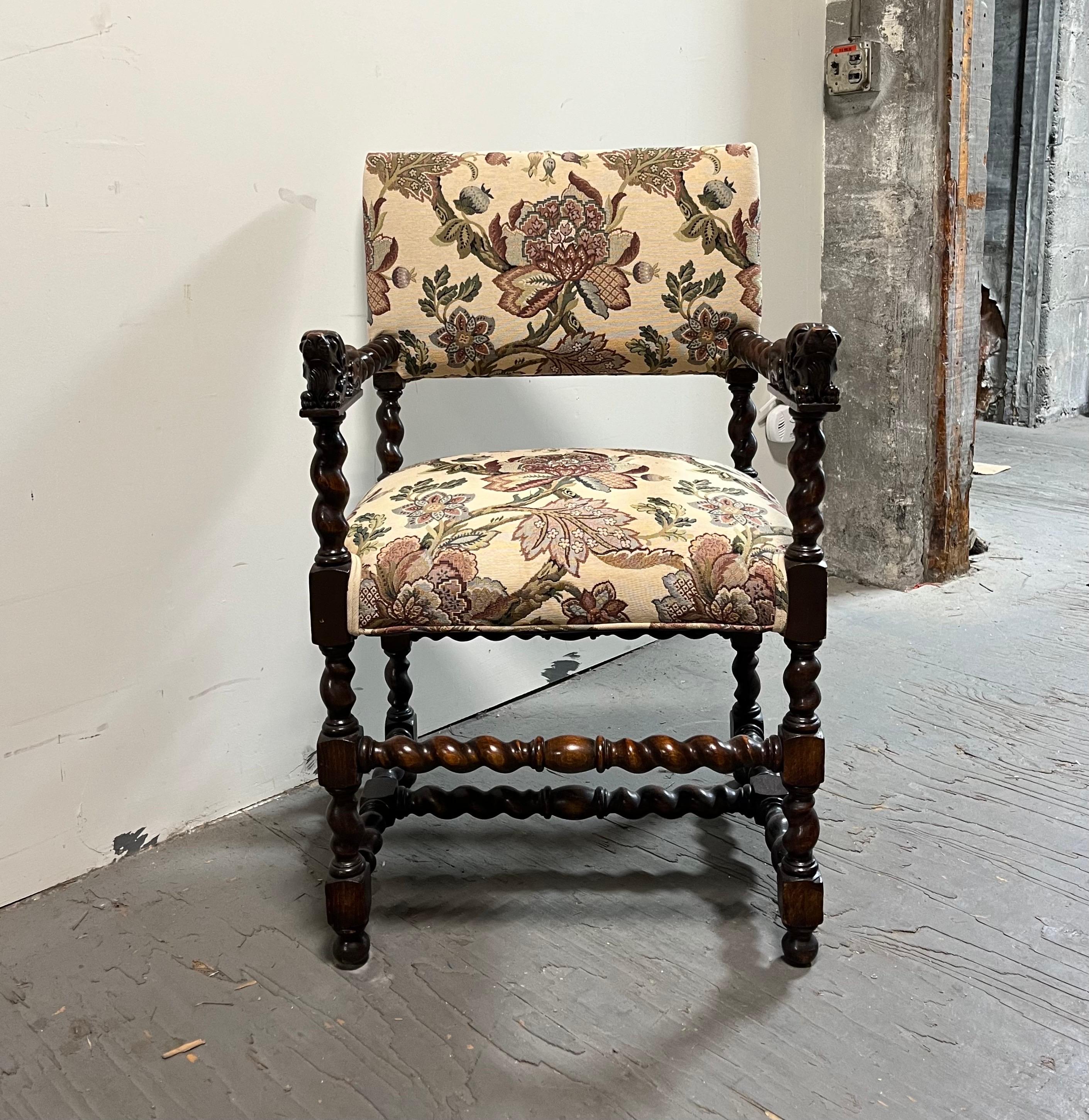 Country Continental Chair with Barley Twist Arms Recumbent Lions For Sale