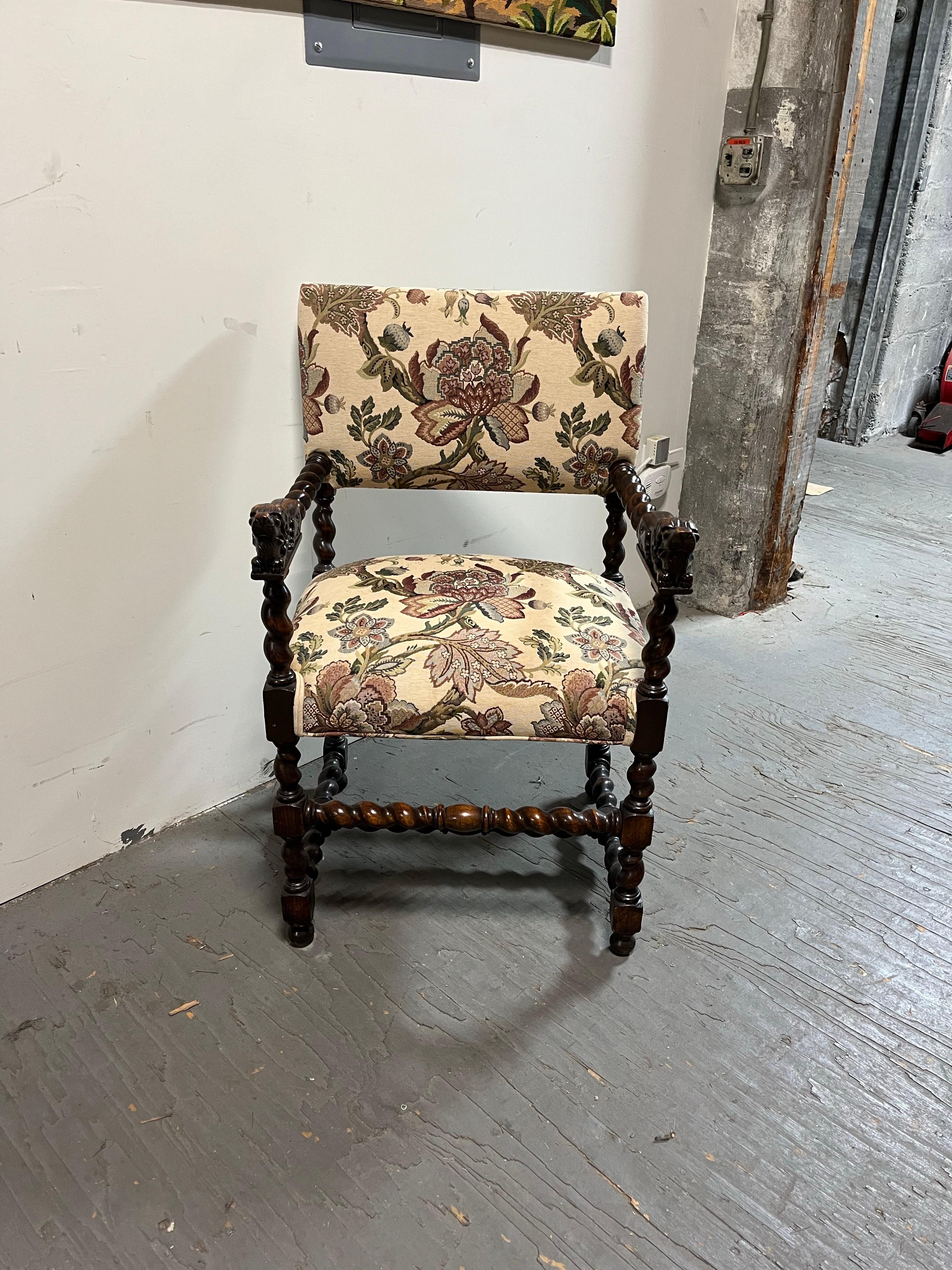 Unknown Continental Chair with Barley Twist Arms Recumbent Lions For Sale