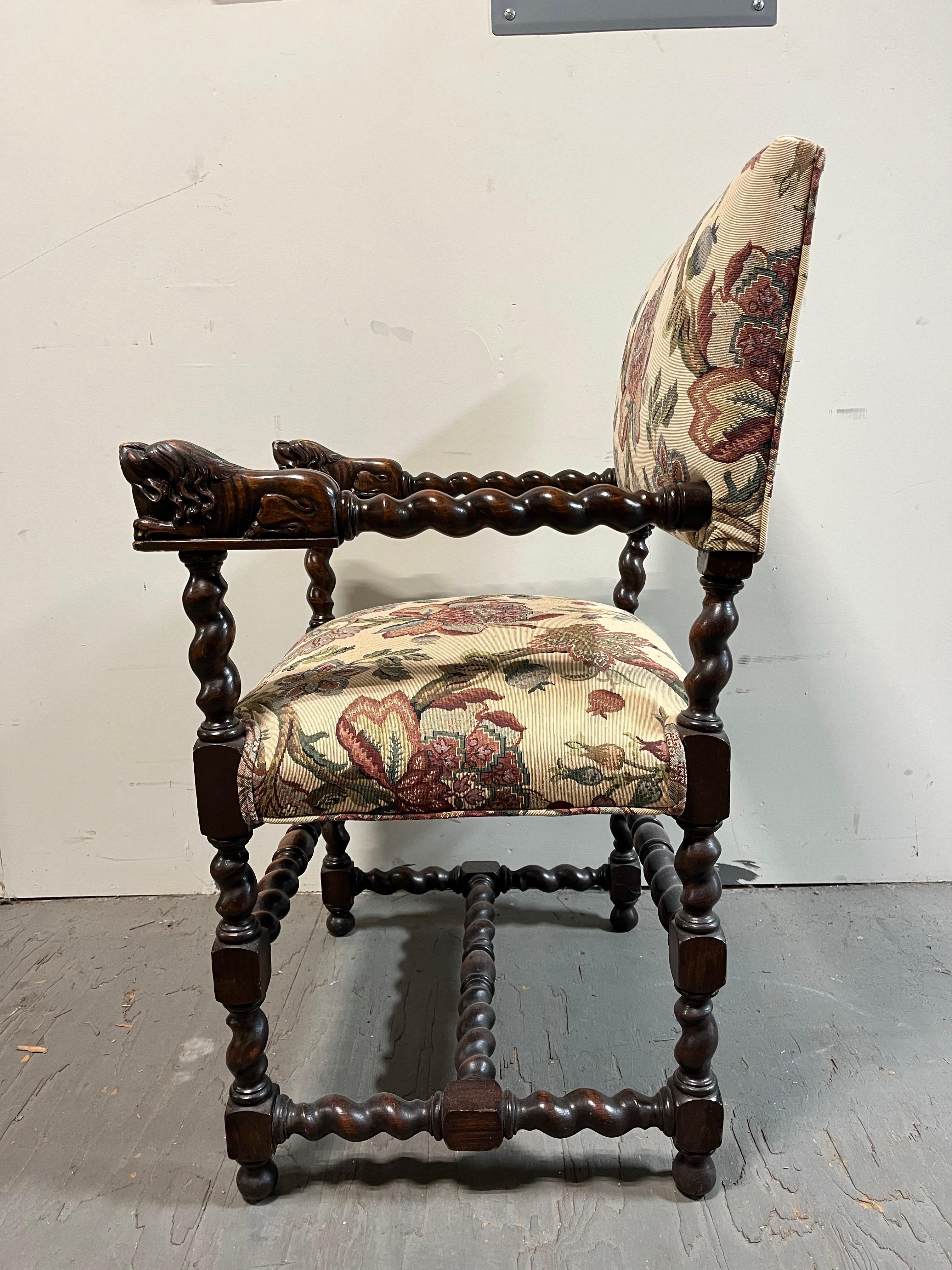 Continental Chair with Barley Twist Arms Recumbent Lions In Good Condition For Sale In W Allenhurst, NJ