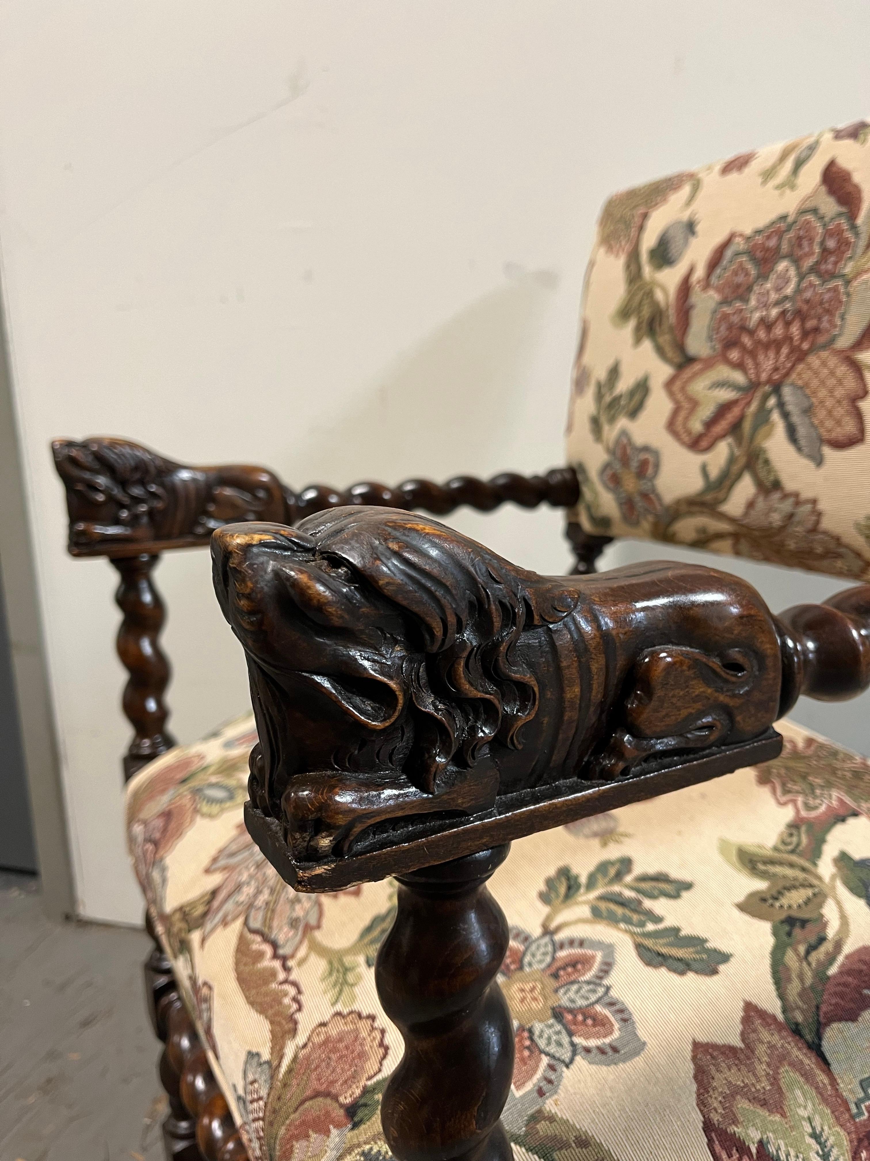 20th Century Continental Chair with Barley Twist Arms Recumbent Lions For Sale