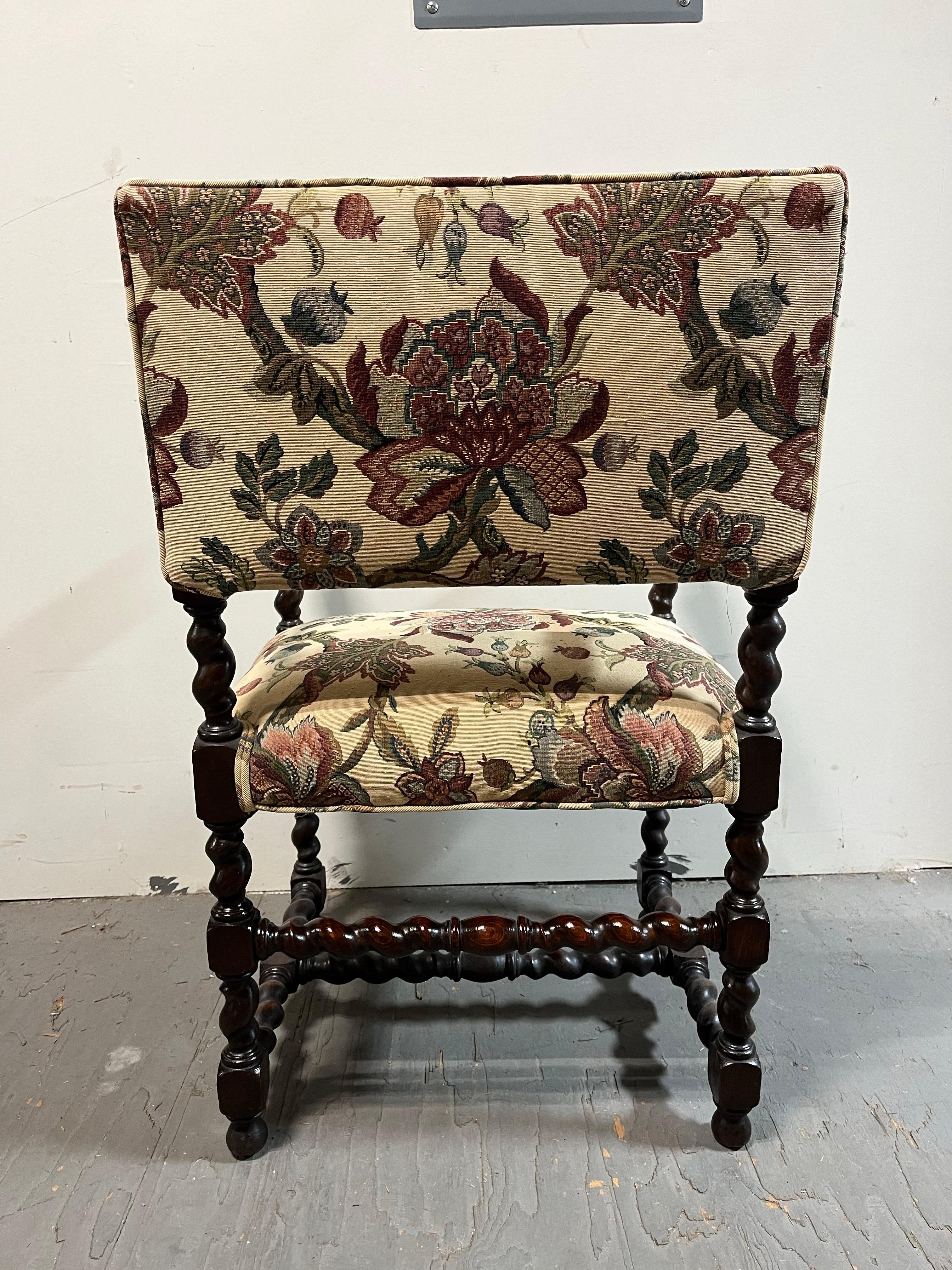 Upholstery Continental Chair with Barley Twist Arms Recumbent Lions For Sale