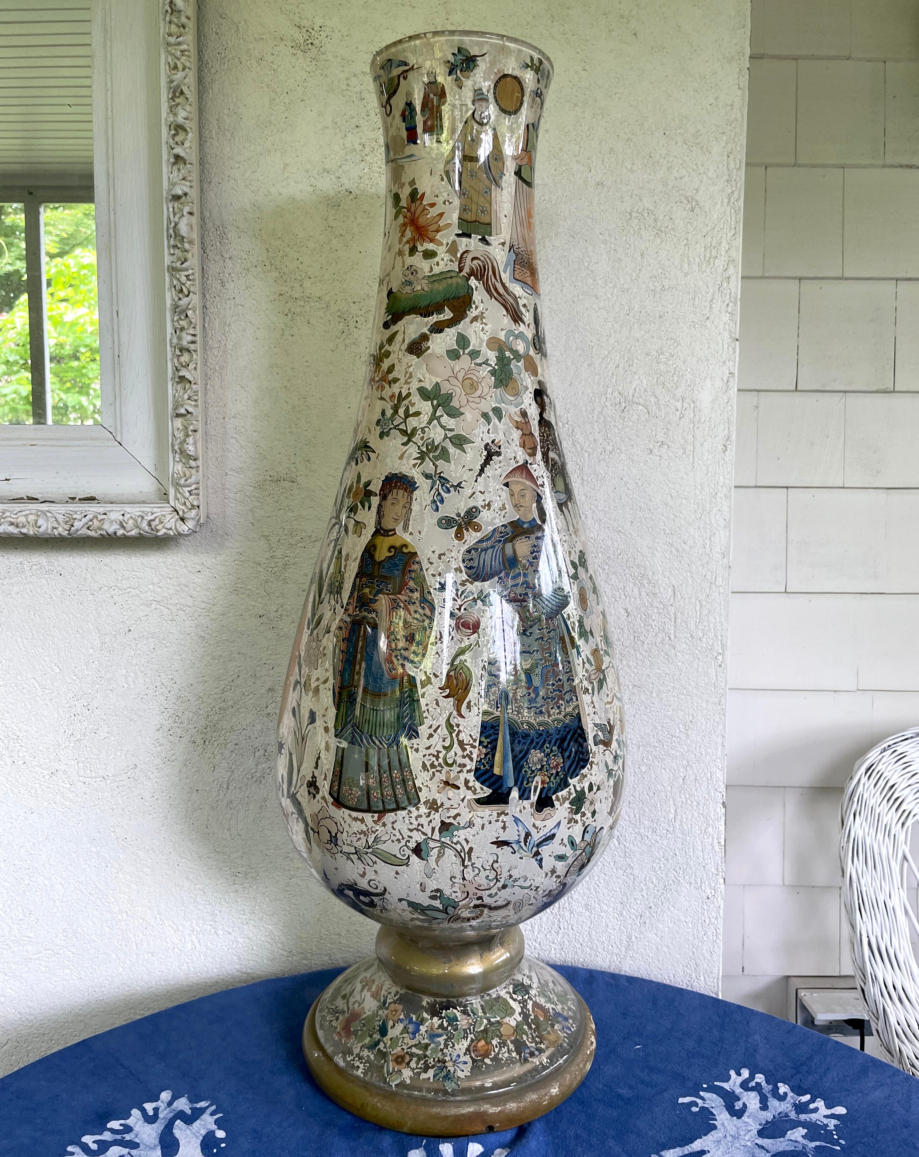 Continental chinoiserie baluster vase. Very large baluster form chinoiserie vase covered in continental decals made during rage for decalcomania. Europe, 19th century 
Dimensions: 8.5” diameter base; 11” diameter at widest; 5.5” diameter top; 30”