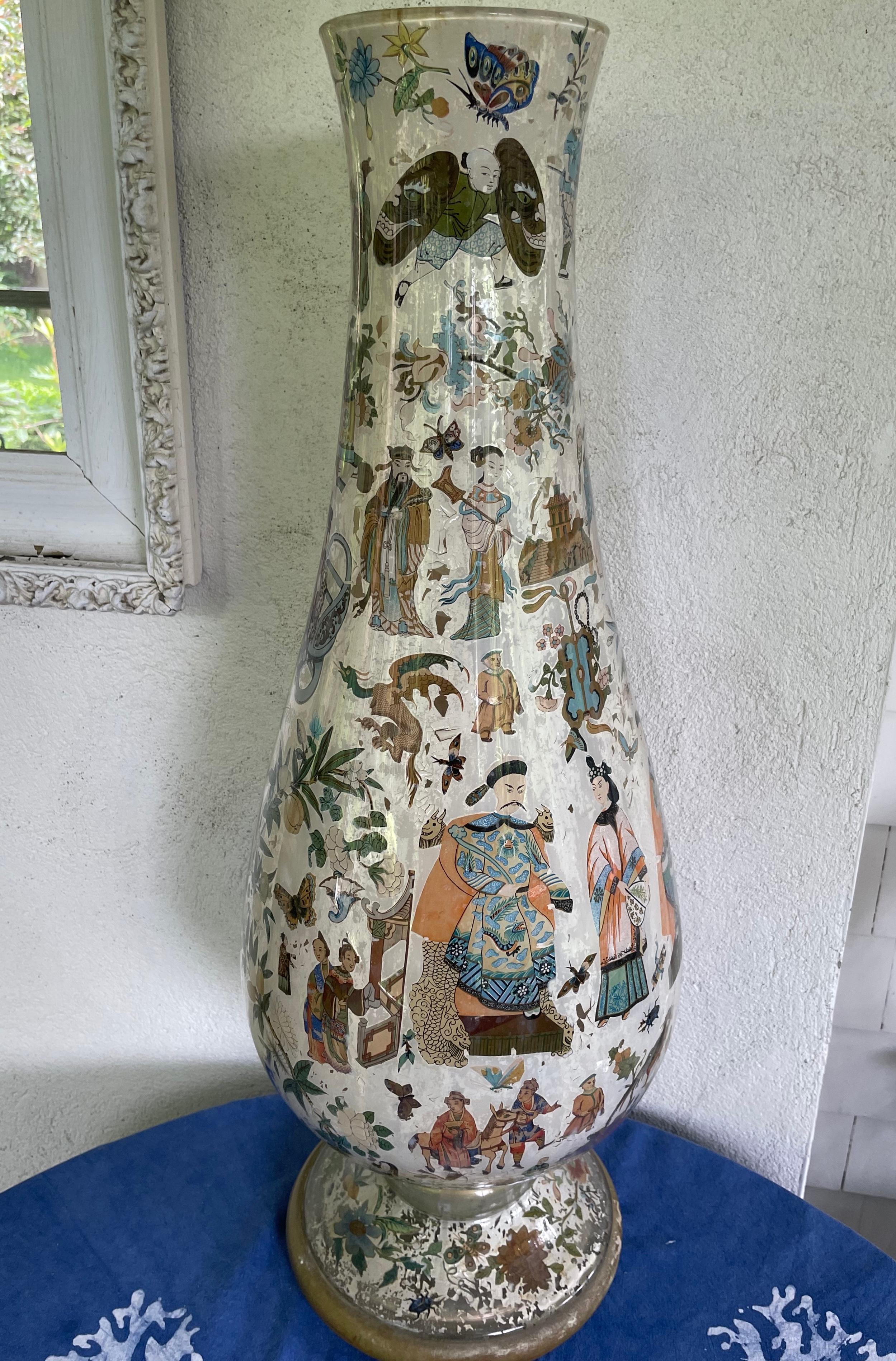 Glass Chinoiserie Decalcomania Baluster Vase For Sale
