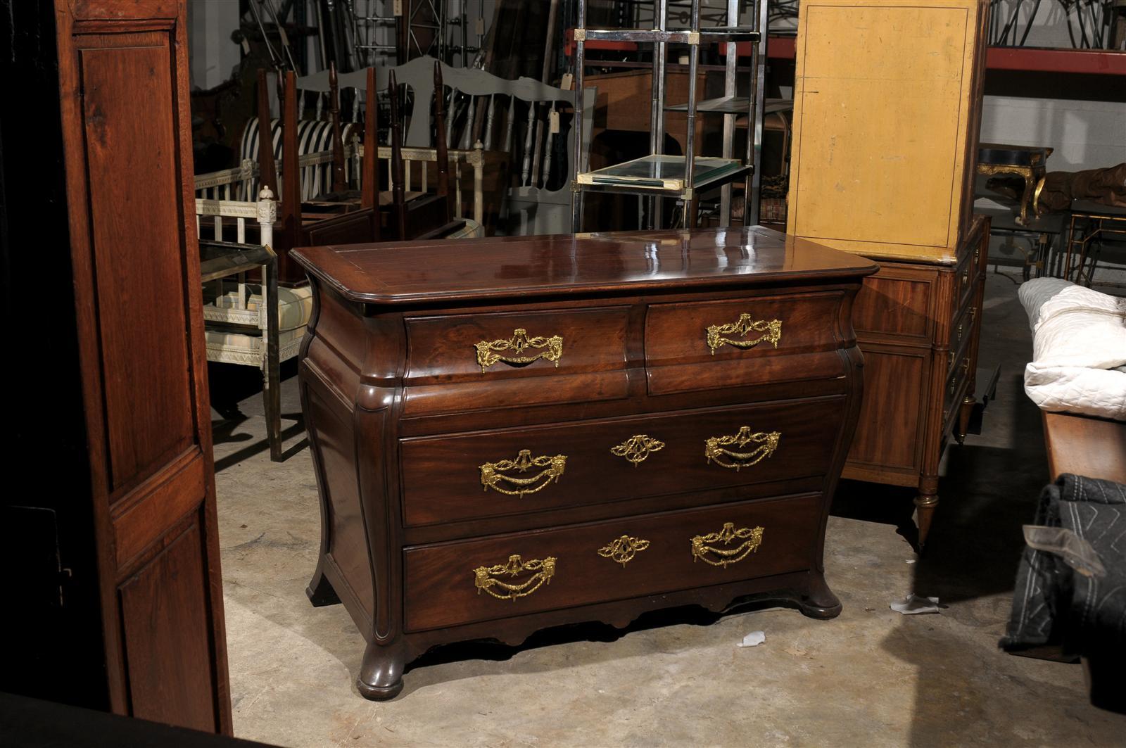 18th Century French Walnut Bombe Commode with Brass Hardware In Good Condition In Atlanta, GA