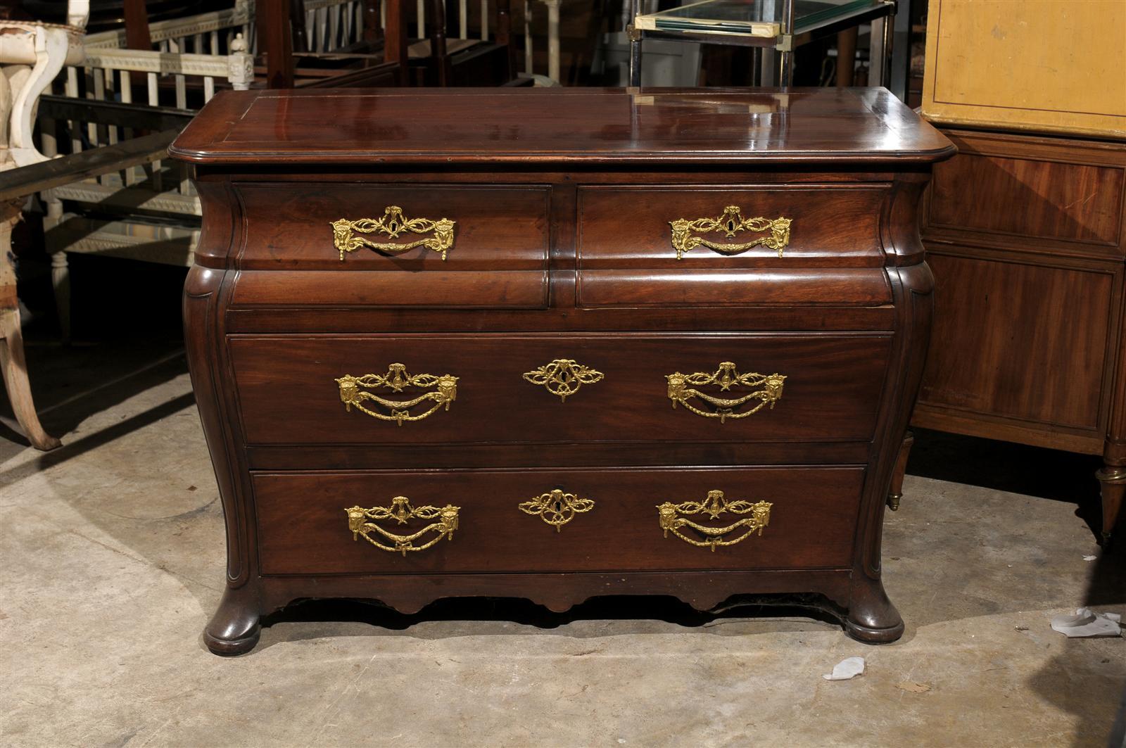 18th Century French Walnut Bombe Commode with Brass Hardware 3