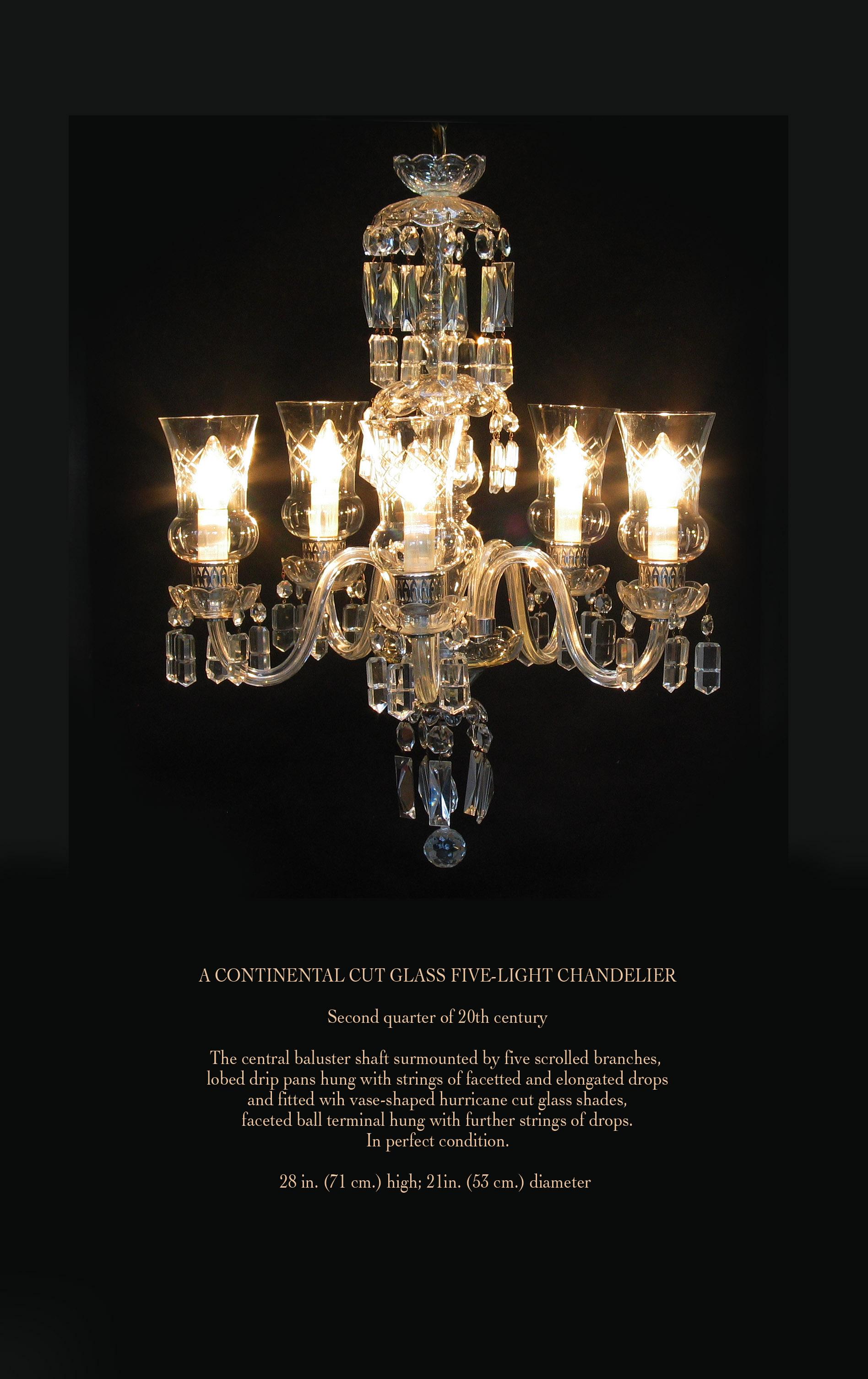 A continental cut glass five-light chandelier,

Second quarter of 20th century.

The central baluster shaft surmounted by five scrolled branches, 
lobed drip pans hung with strings of facetted and elongated drops
and fitted wih vase-shaped