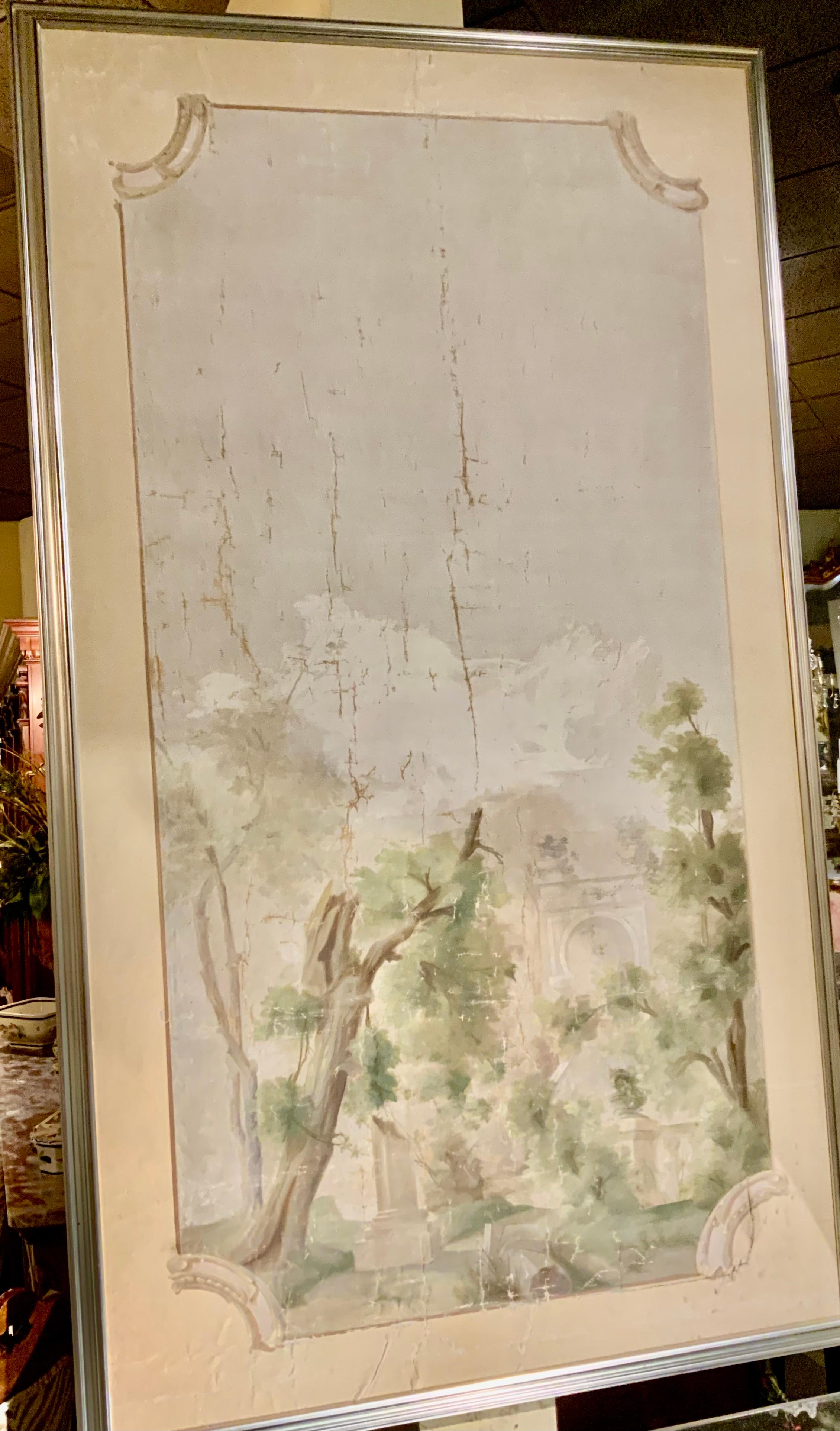 19th Century Continental Decorative Panel of a Garden Scene on Linen For Sale