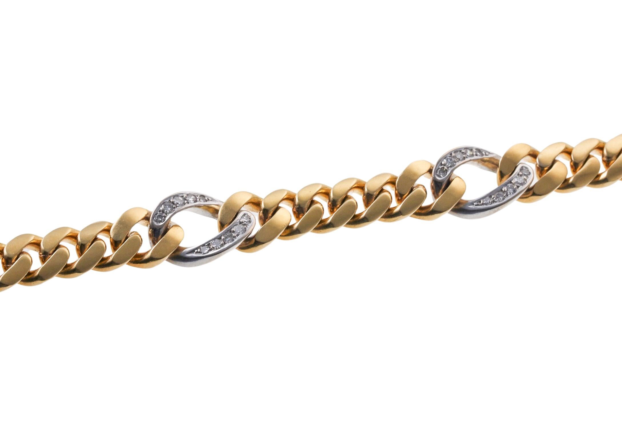Continental 18k gold curb link bracelet, two tone gold, set with four diamonds links - total approx. 0.40ctw, single cut stones. Bracelet is 7 1/8