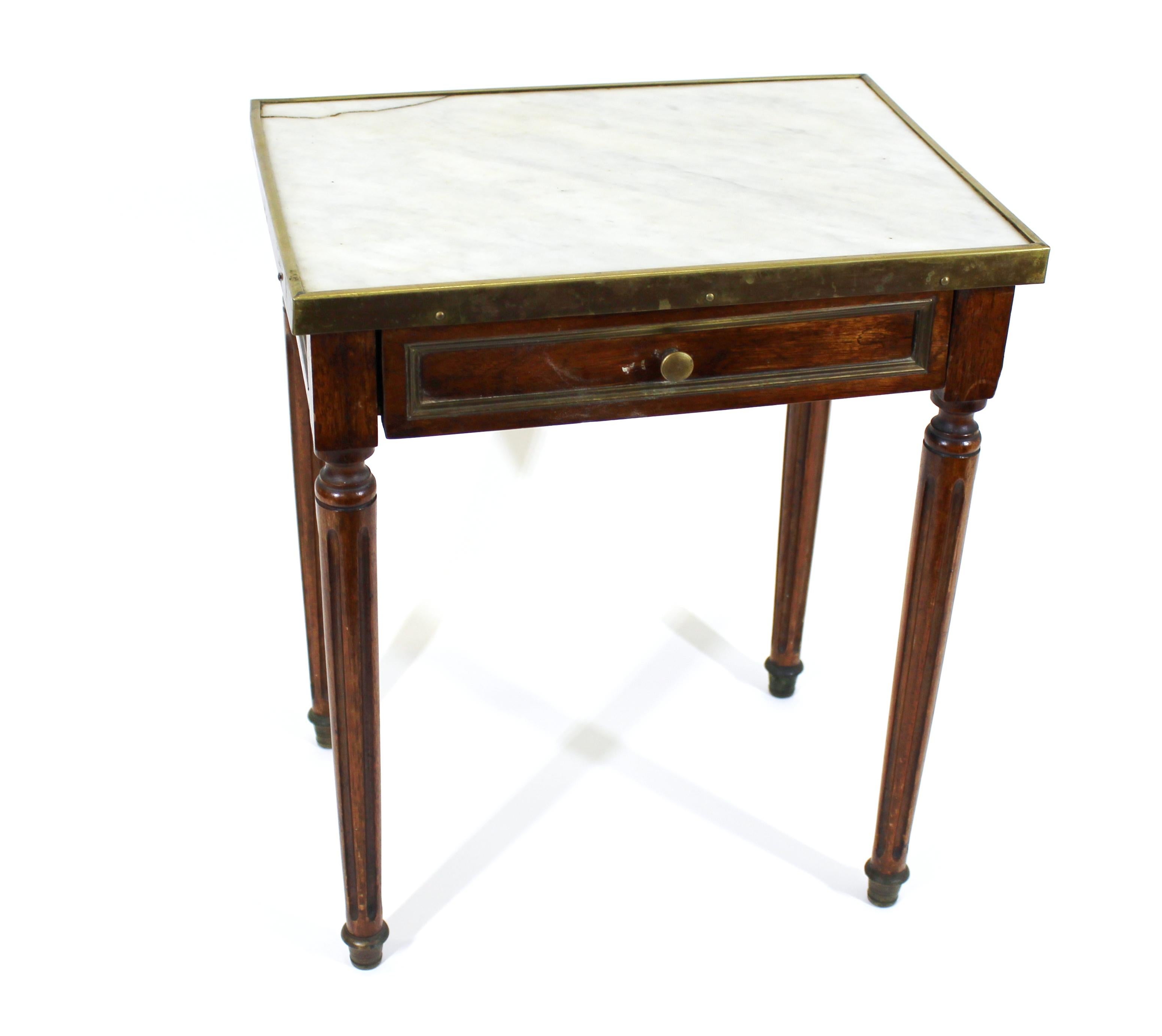 Continental diminutive side table with single drawer and white marble top, late 19th century. Old crack in corner of marble top.