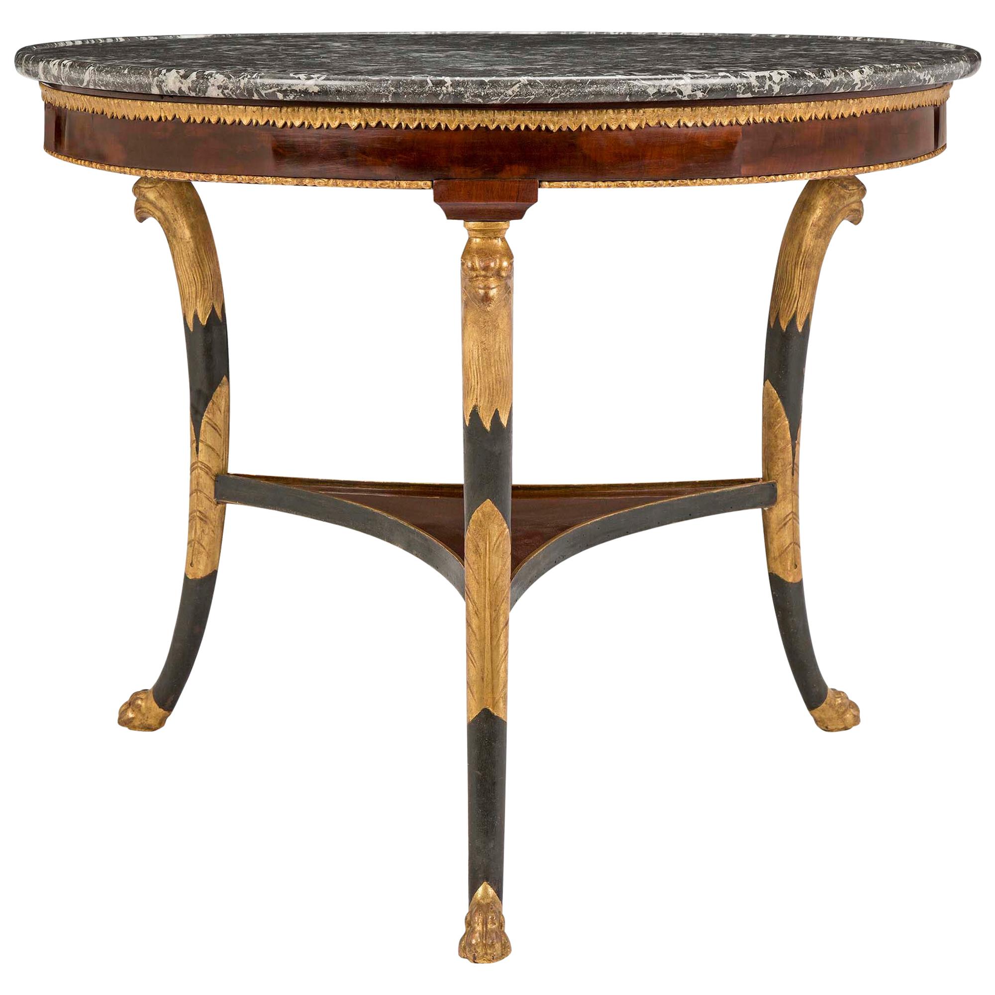 Continental Directoire Style Flamed Mahogany and Marble Center Table For Sale