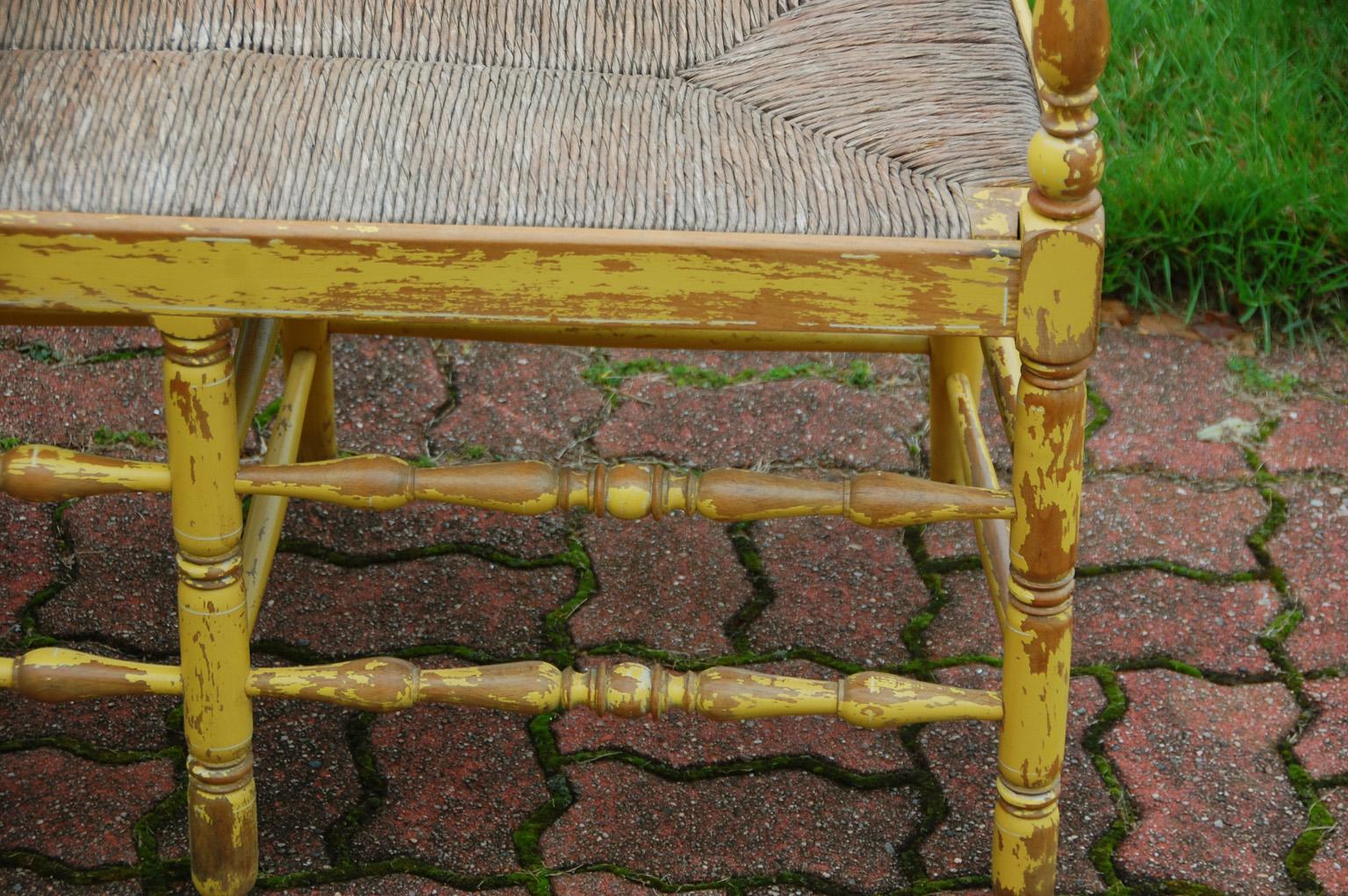 European Continental Double Ladderback Bench with Rush Seat Original Paint circa 1900
