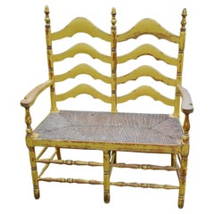 Antique Continental Double Ladderback Bench with Rush Seat Original Paint circa 1900