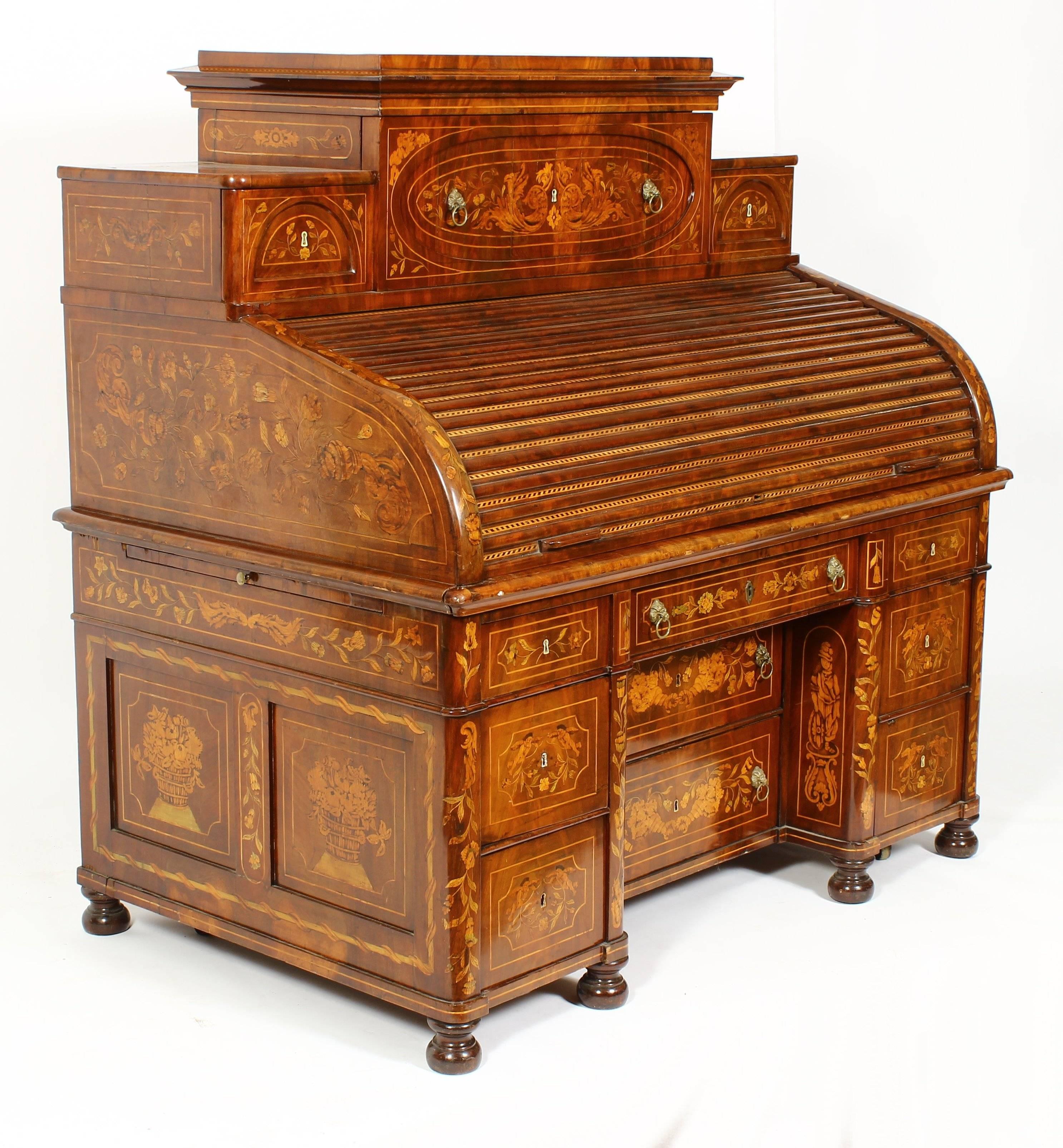Mahogany roll-top desk with marquetry inlaid floral and decorative designs with pull-out side panel shelves, finished in back. (Originally from Sypher & Co.) From the Cascone collection of arts and antiques.