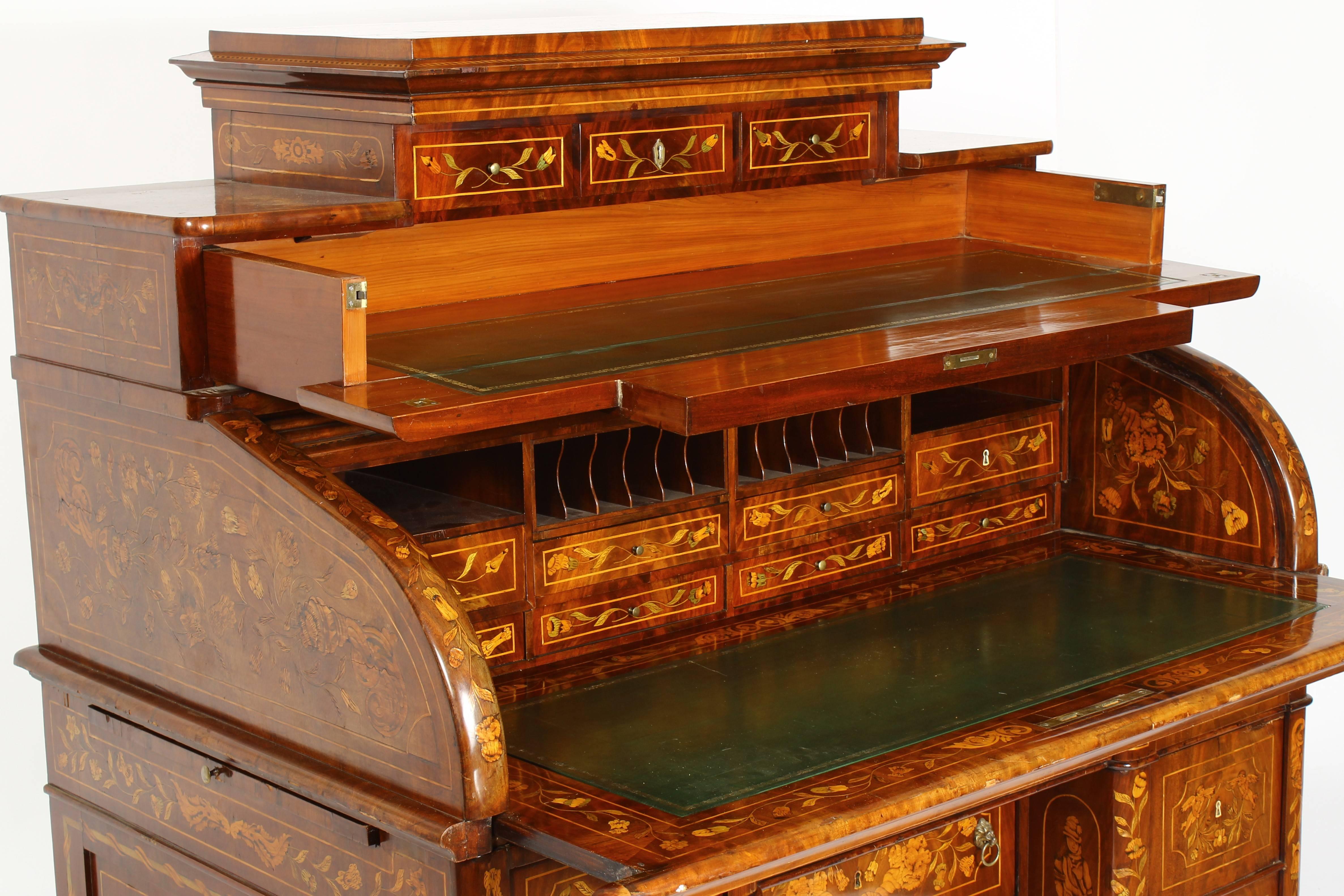 Mahogany Continental Dutch Inlaid Roll Top Desk, 18th-19th Century For Sale
