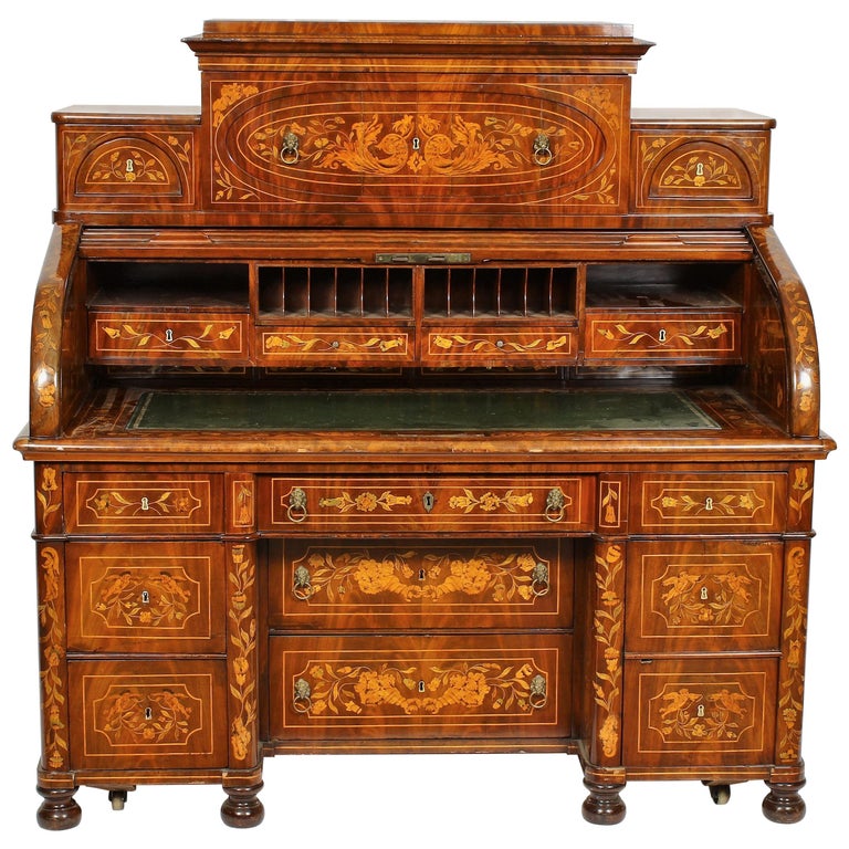 Continental Dutch Inlaid Roll Top Desk, 18th-19th Century For Sale at ...
