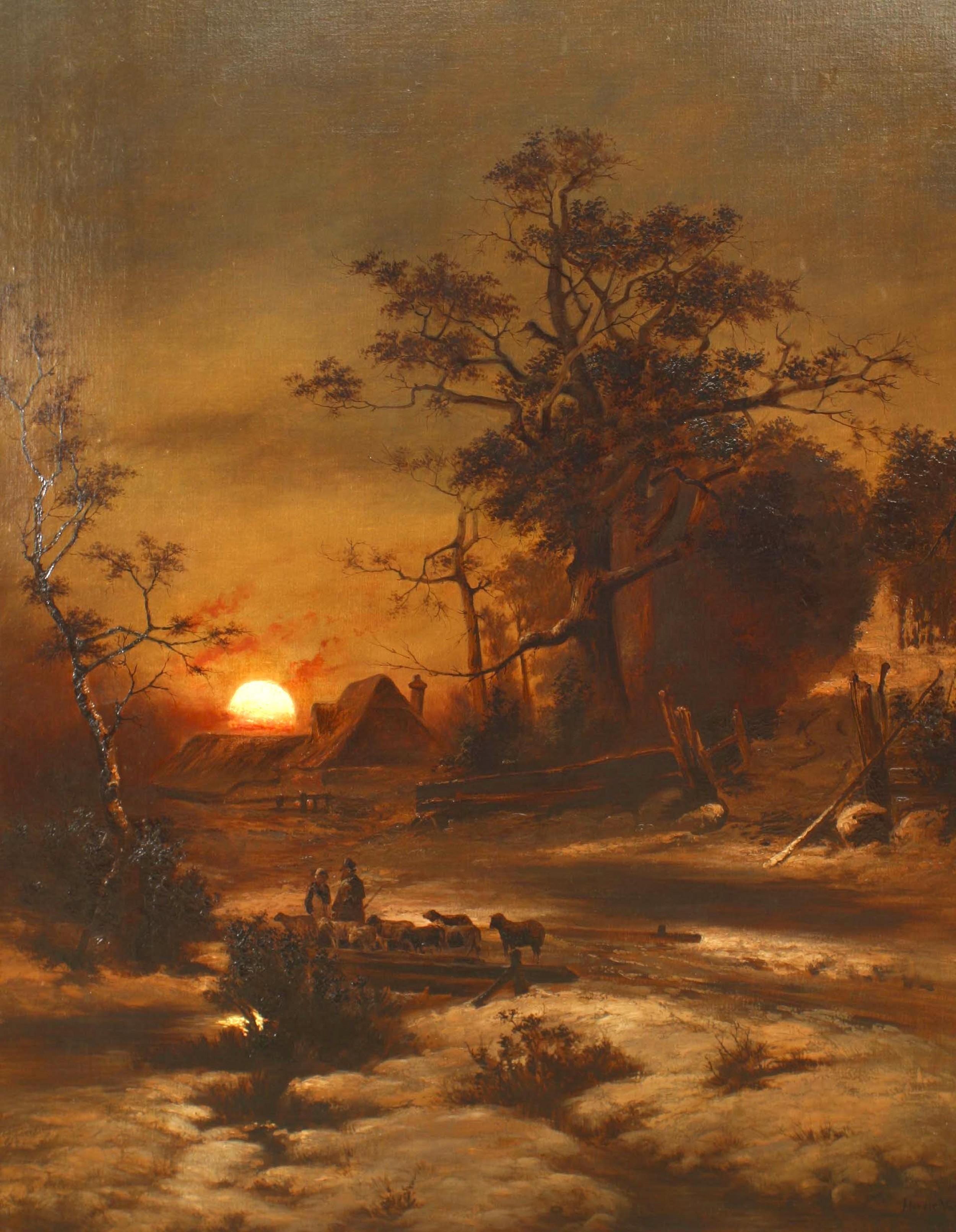 Continental Dutch (19th Cent) oil on canvas depicting two figures tending to sheep in a wooded landscape with cottage (signed HENRI VAN MAAS & dated 1887)