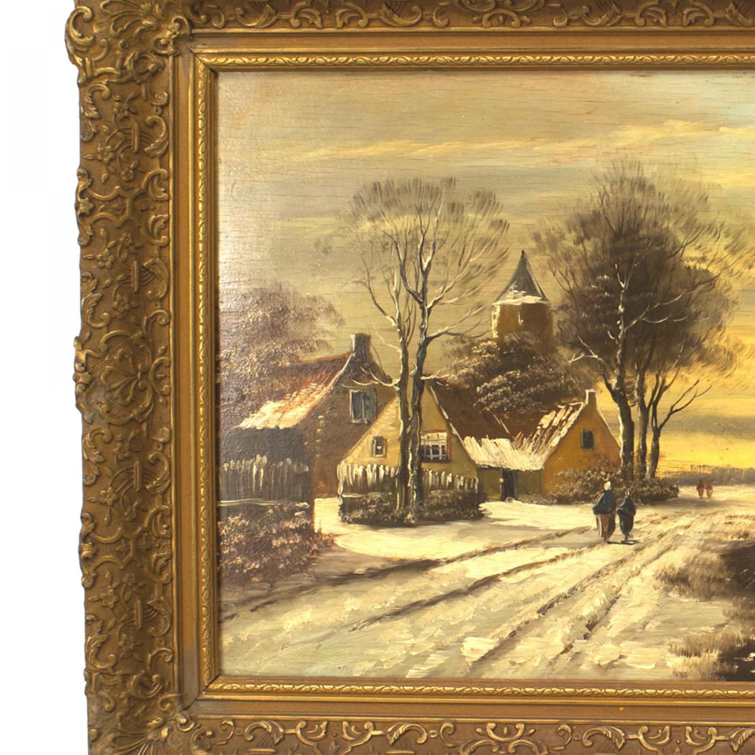 Biedermeier Paesaggio olandese continentale con scena d'inverno in vendita