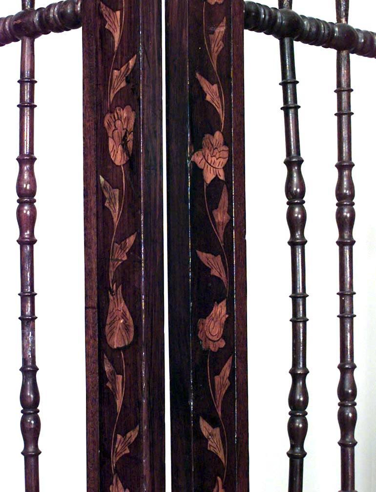 Continental Dutch style (19th Century) inlaid floral marquetry 4 fold screen with spindle design top section.
