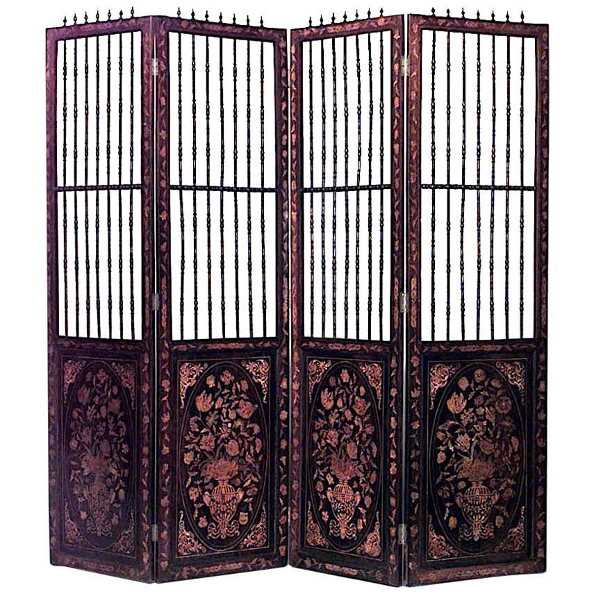 Continental Dutch Style 4-Fold Screen with Inlaid Floral Marquetry