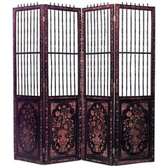 Antique Continental Dutch Style 4-Fold Screen with Inlaid Floral Marquetry