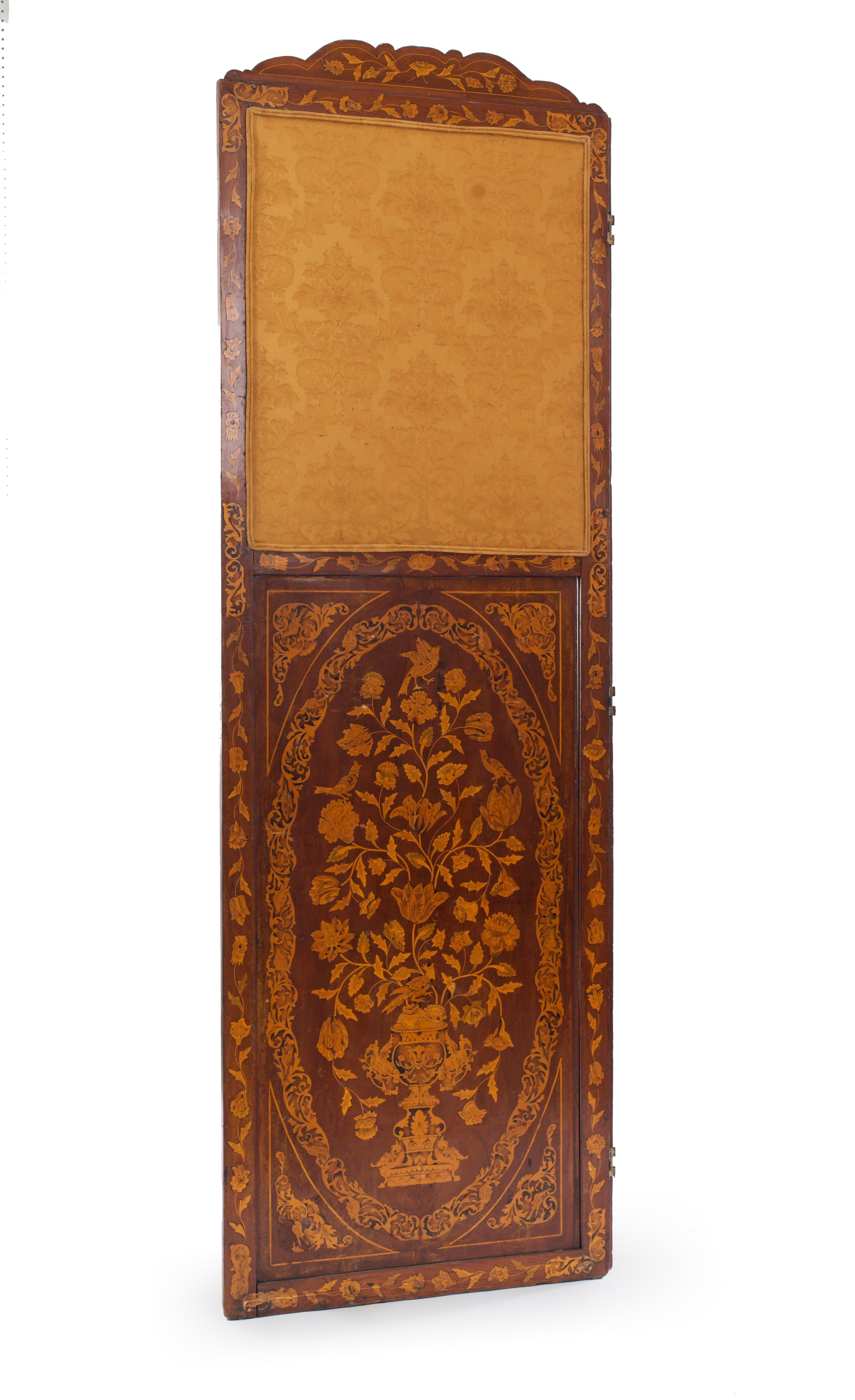 Continental Dutch style (19th century) mahogany and inlaid marquetry 4 fold screen with upholstered top panel with shaped crest at top.
     