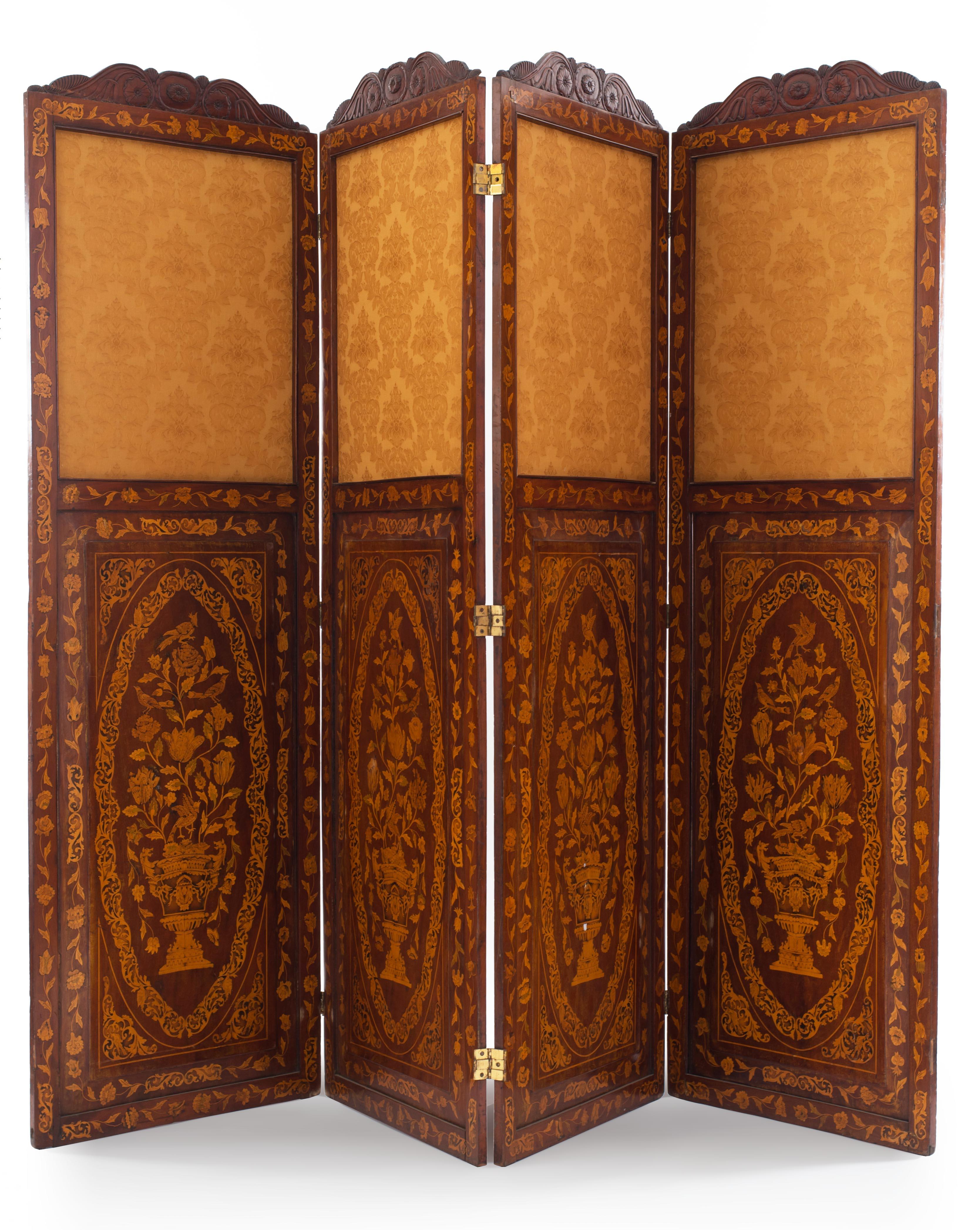 Other Continental Dutch Style Mahogany 4-Fold Screen with Marquetry For Sale