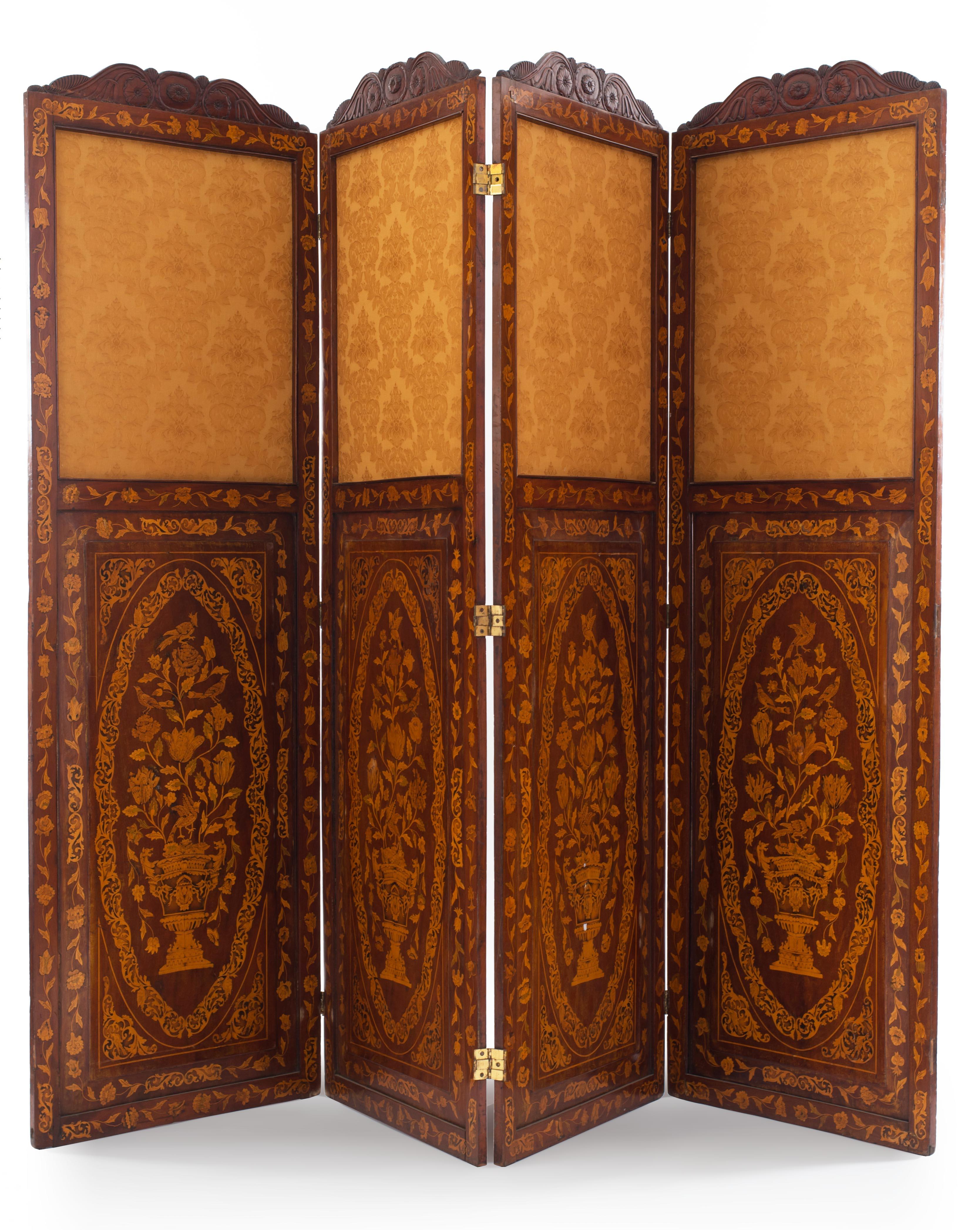 Other Continental Dutch Style Mahogany 4-Fold Screen with Marquetry For Sale