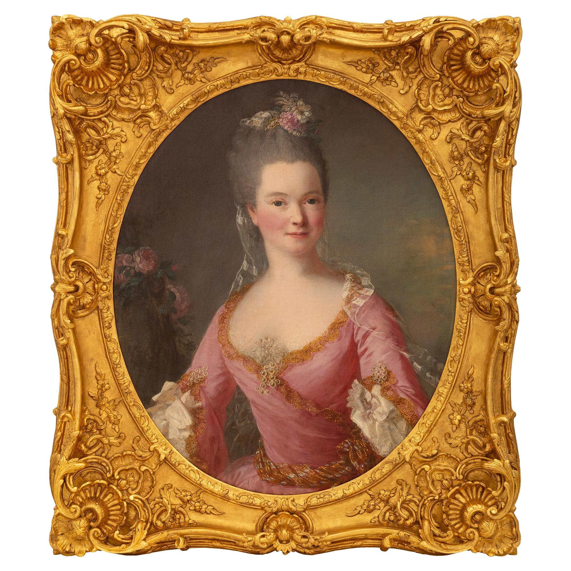 Portrait continental du début du 19ème siècle de style Louis XV, huile sur toile