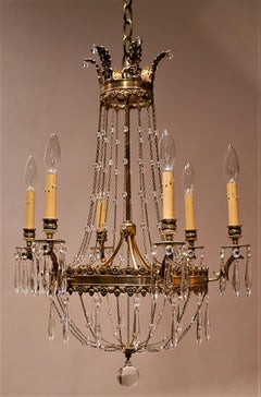 Continental Empire Style Six-Light Gilt Bronze and Crystal Chandelier circa 1950