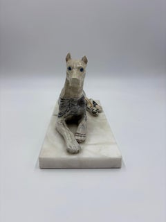 Continental European Art Deco Reclining Great Dane Sculpture, Marble Base 1930's