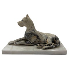 Continental European Art Deco Reclining Great Dane Sculpture, Marble Base 1930's