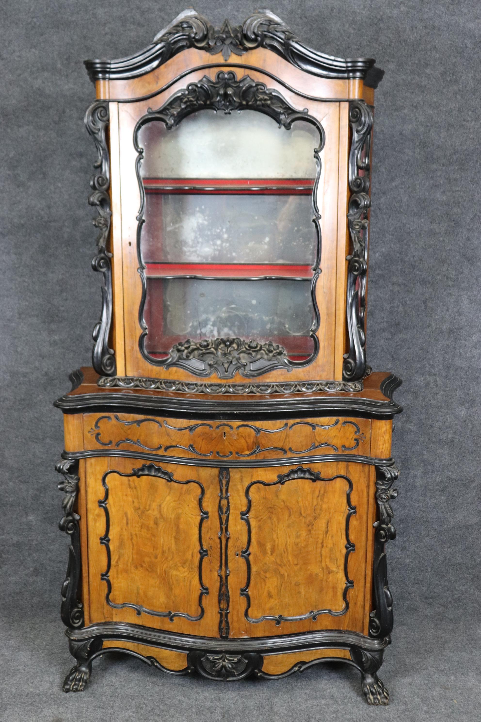 Rococo Revival Continental European Ebonized Circassian Walnut Rococo Vitrine China Cabinet For Sale