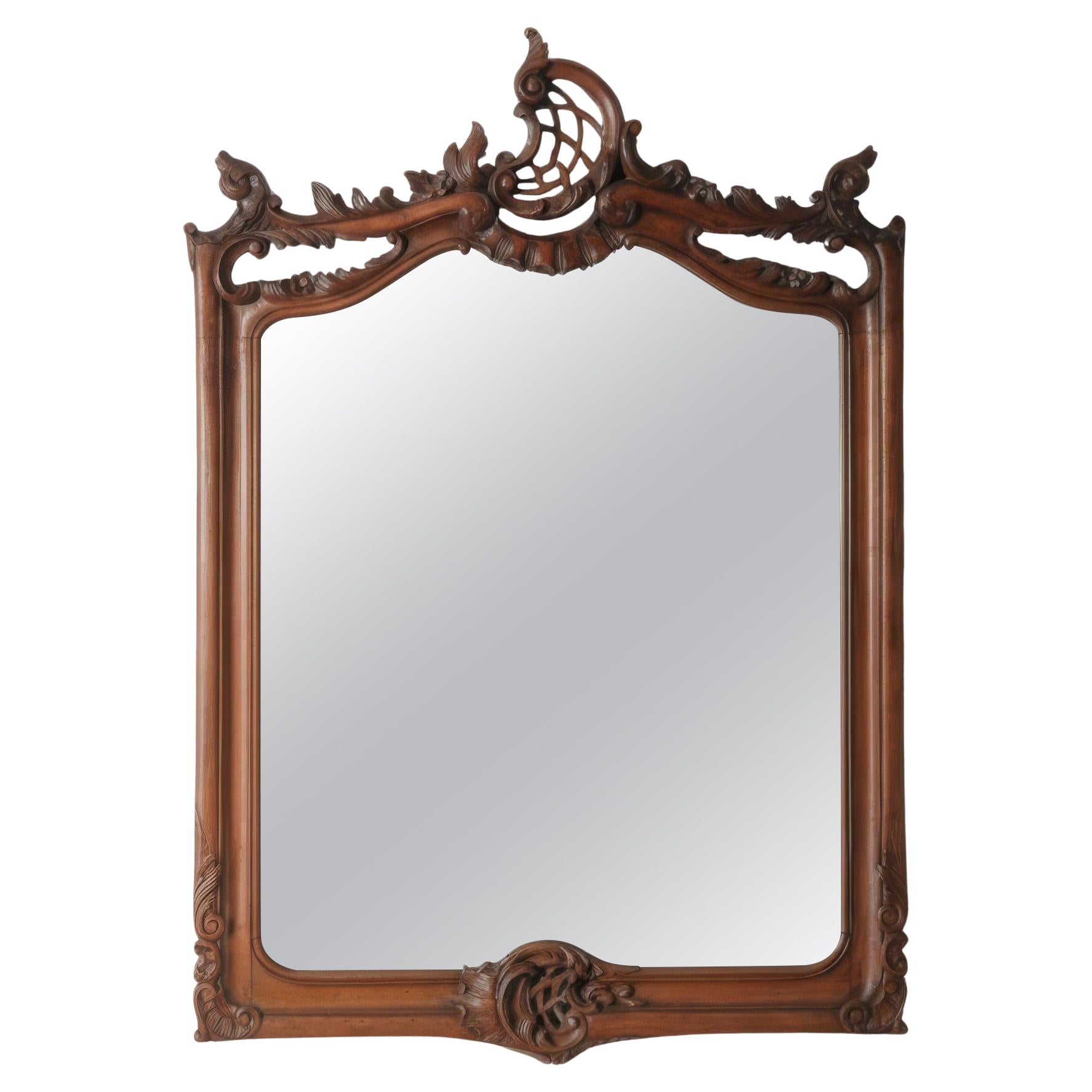 Continental European Hand-Carved Wood Mirror with Rococo-Inspired Crest