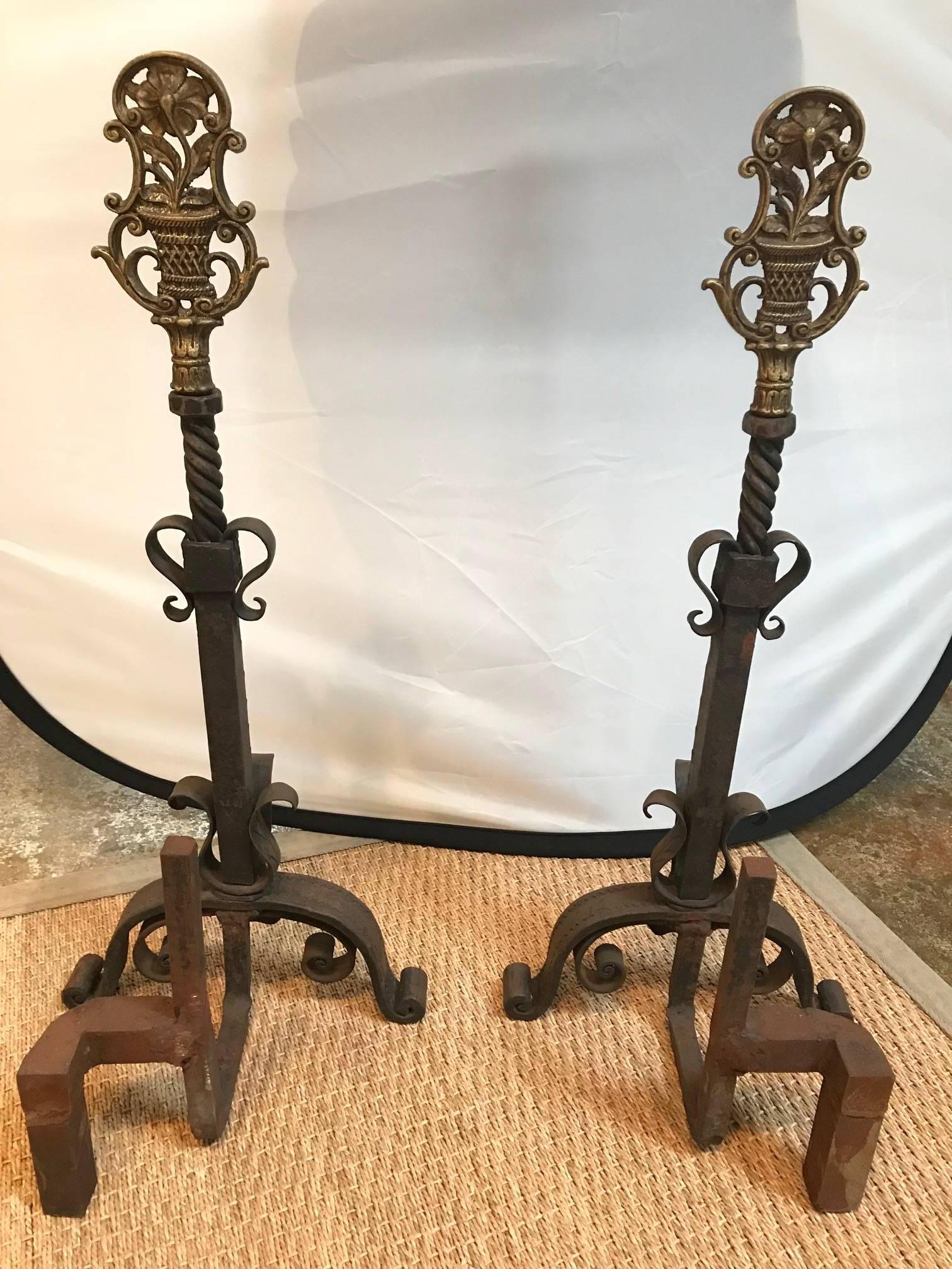 Continental Floral Andirons In Good Condition For Sale In Dallas, TX