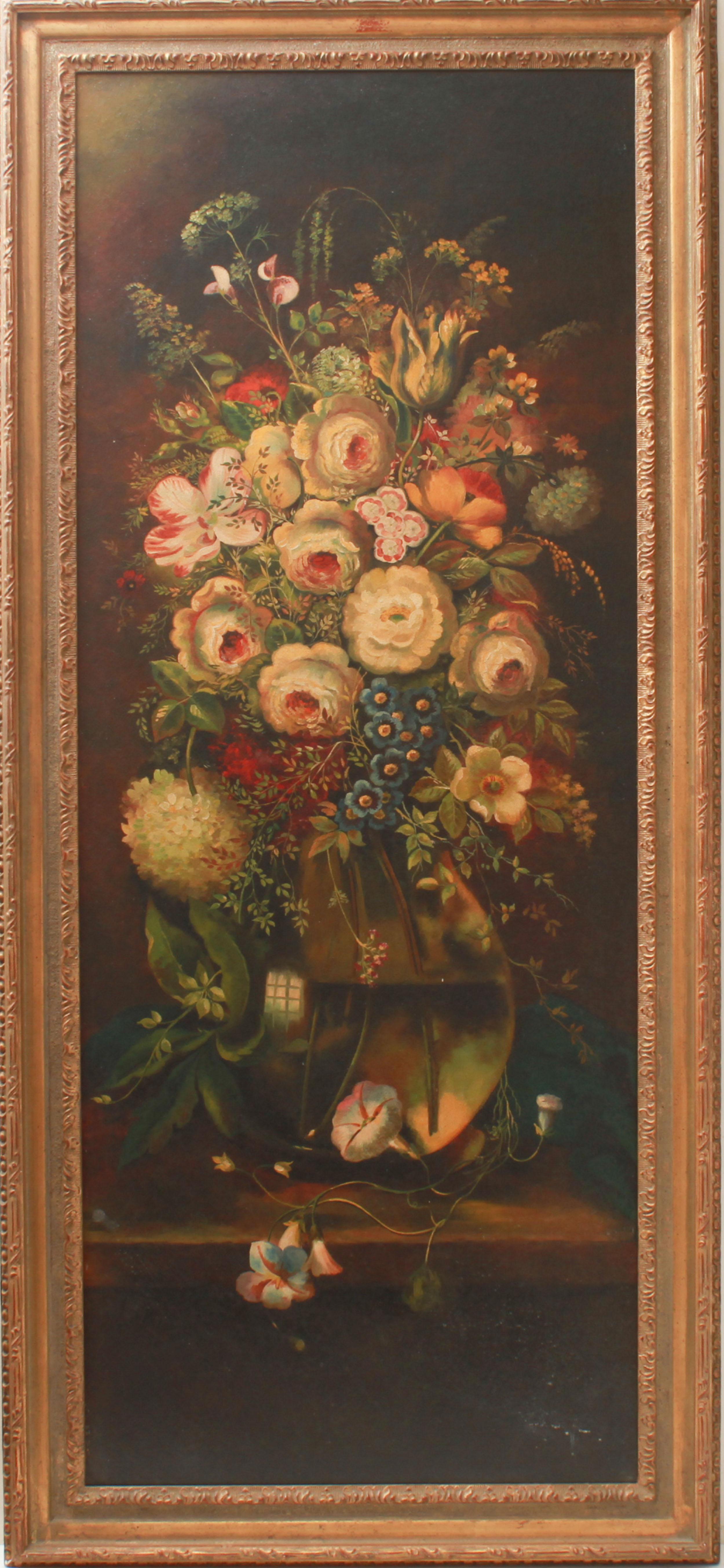 Continental manner pair of matching still life paintings depicting floral bouquets in glass vase and urn, oil on board. Made in the 20th century. 
Image: 52.75