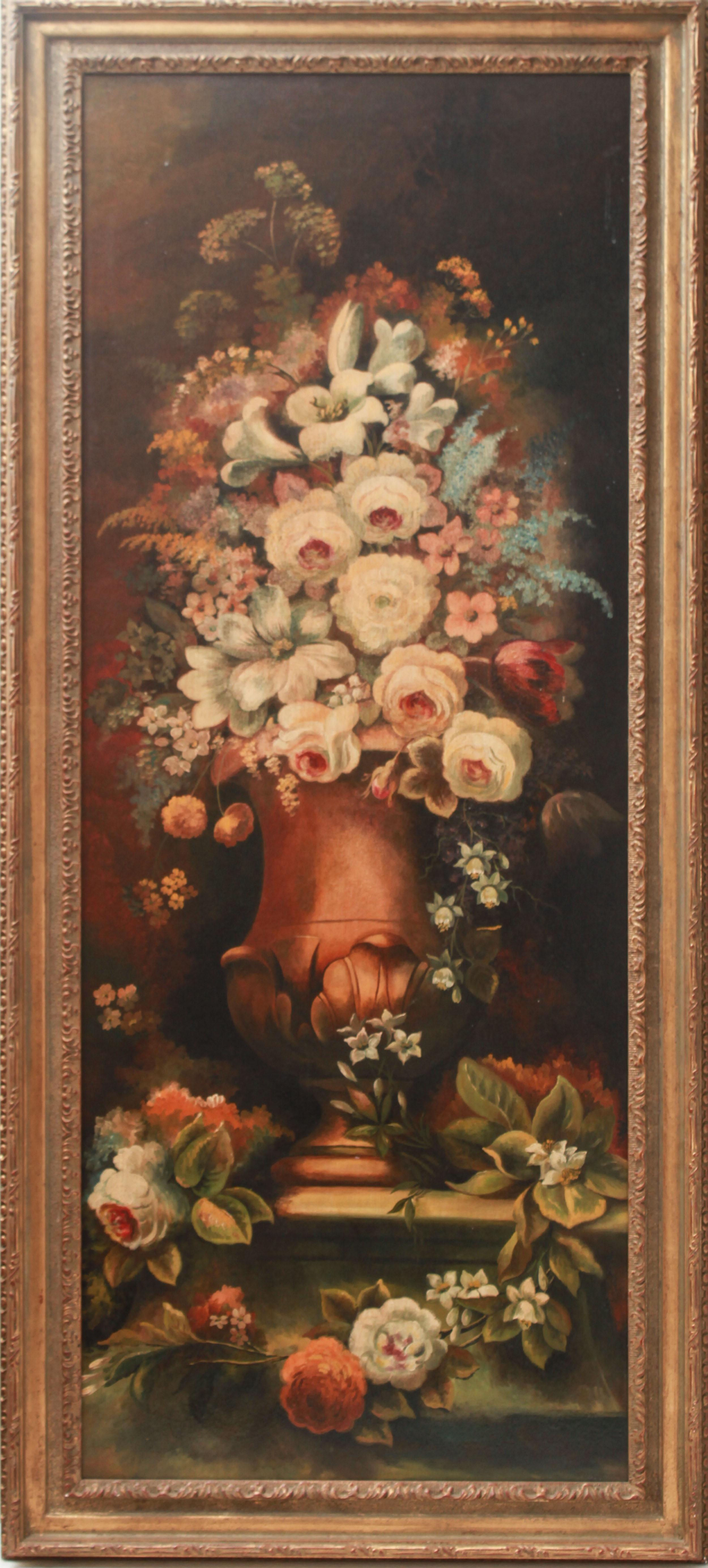 Baroque Revival Continental Floral Bouquet Still Life Oil on Board Paintings